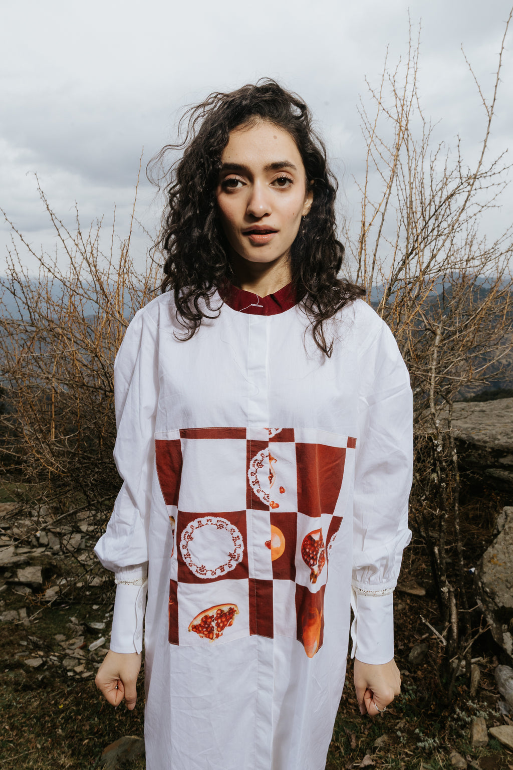 Checkerboard Pomegranate Long Shirt Dress