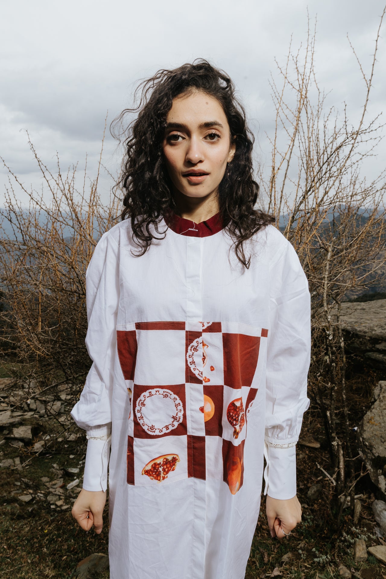 Checkerboard Pomegranate Long Shirt Dress