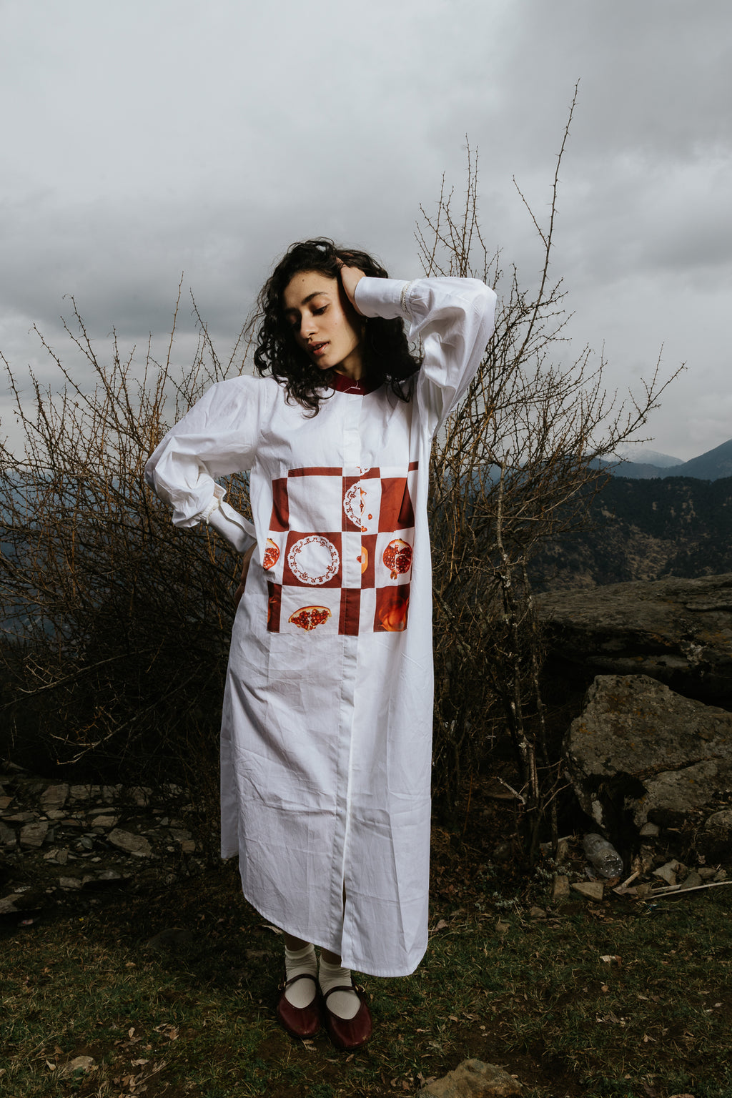 Checkerboard Pomegranate Long Shirt Dress