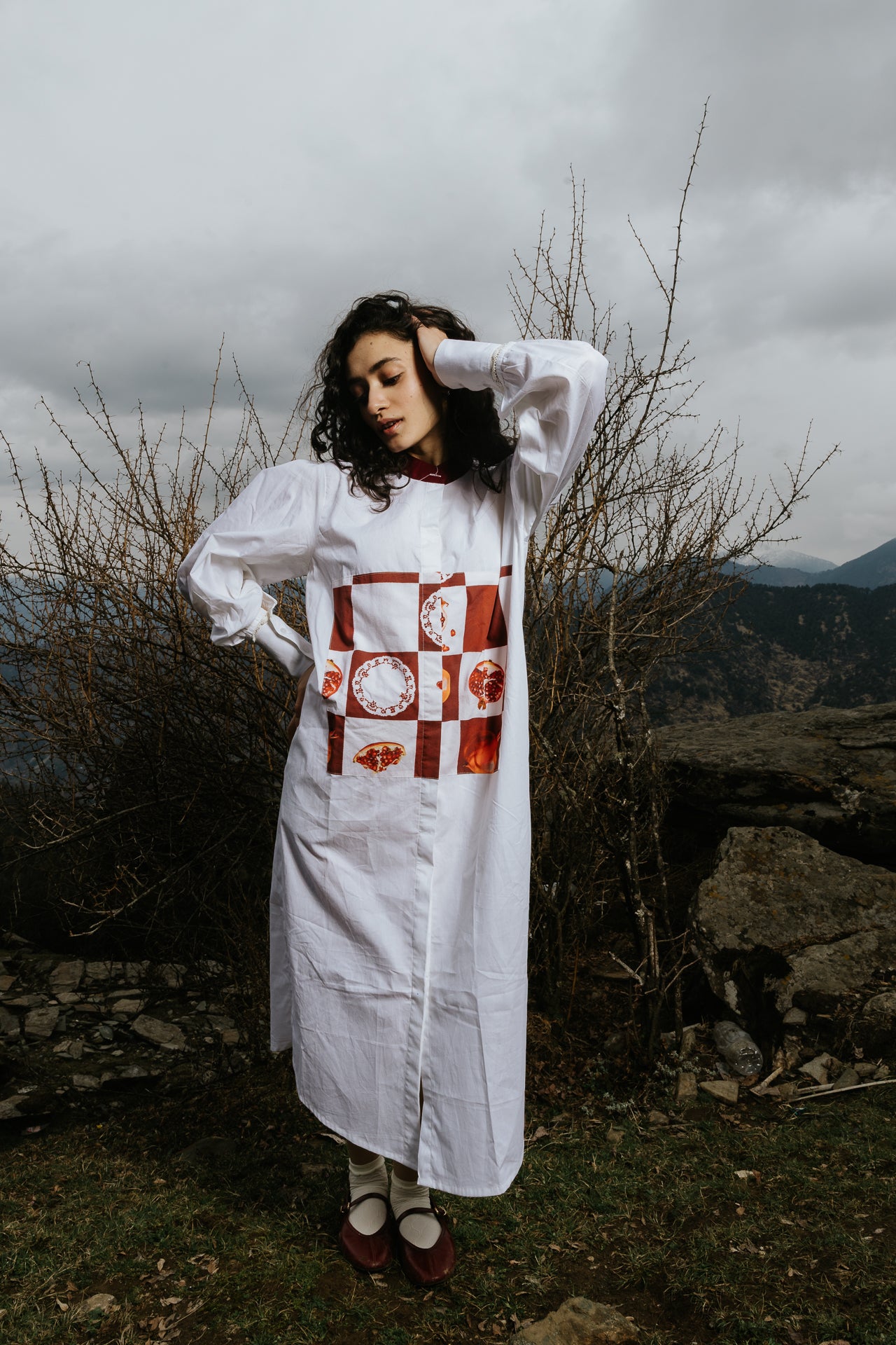 Checkerboard Pomegranate Long Shirt Dress