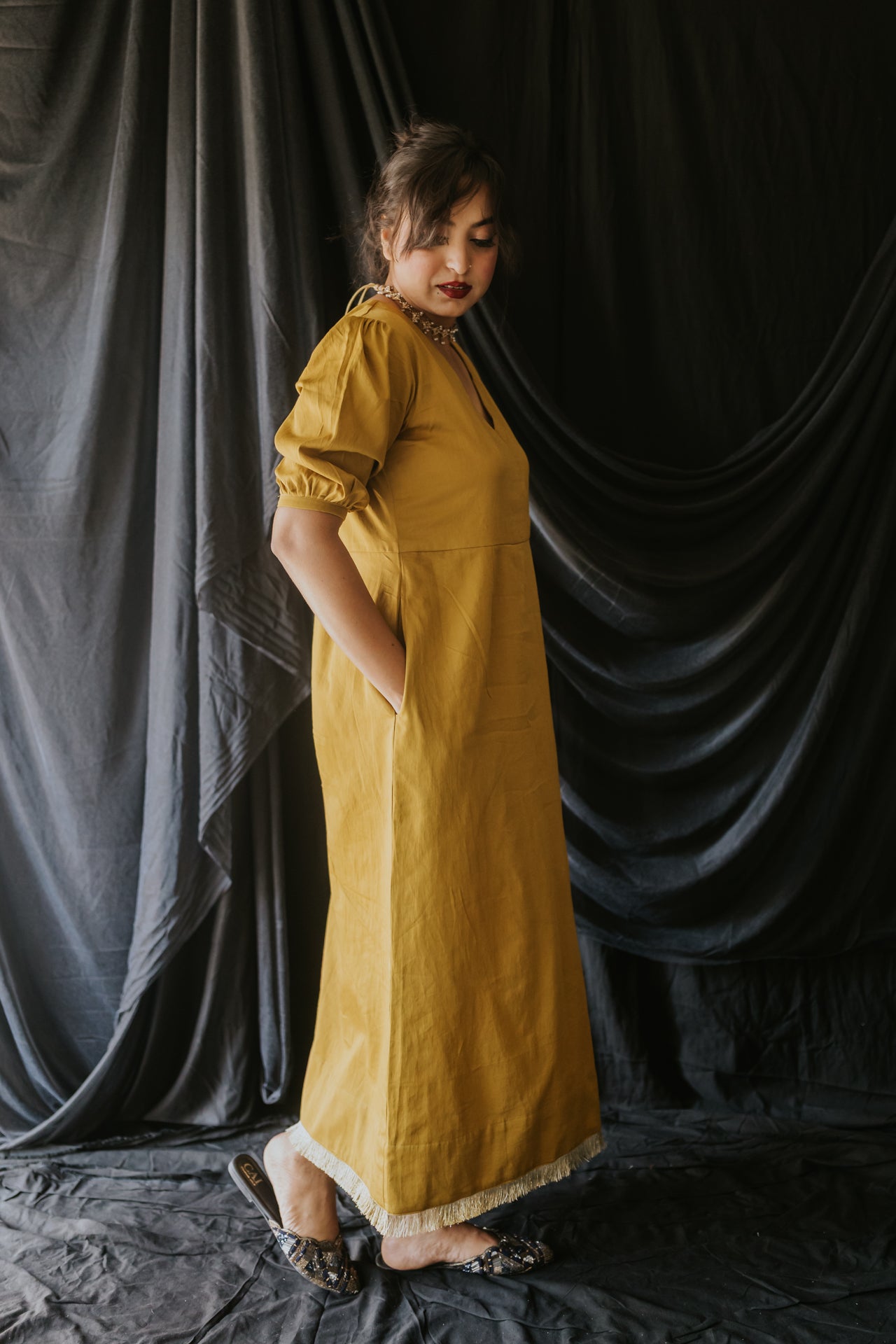 Mustard Handloom Satin Gota Dress