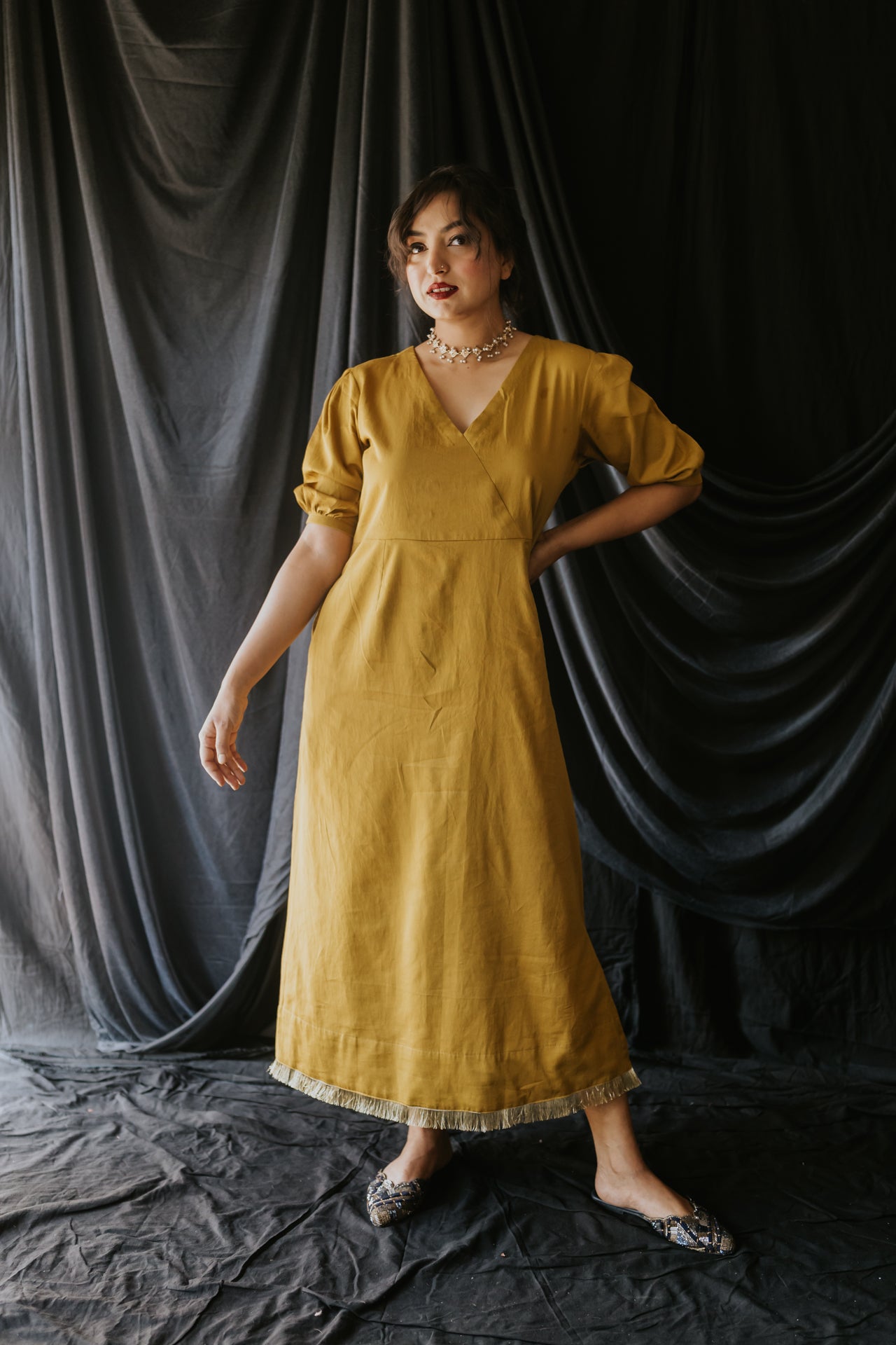 Mustard Handloom Satin Gota Dress