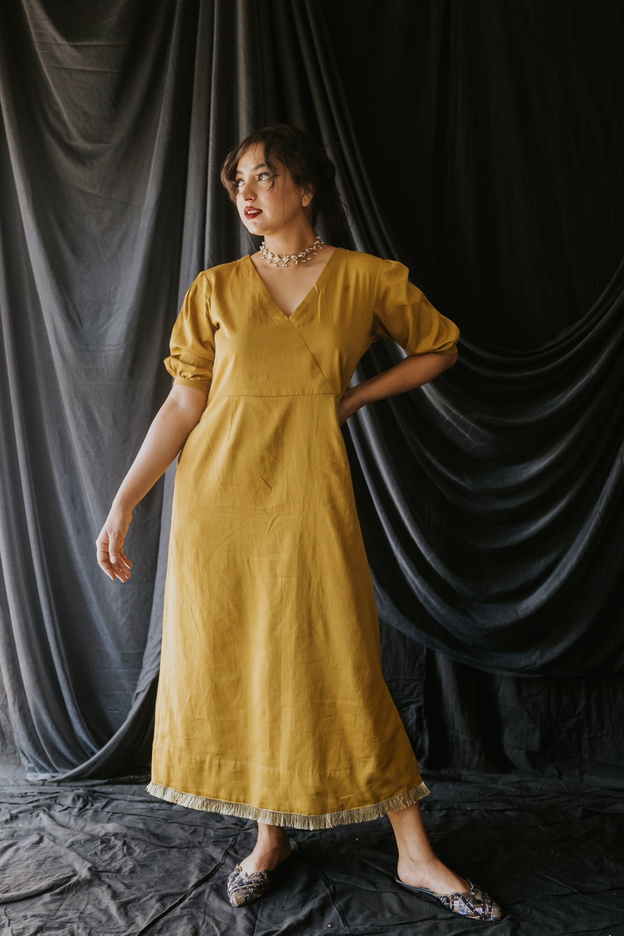 Mustard Handloom Satin Gota Dress