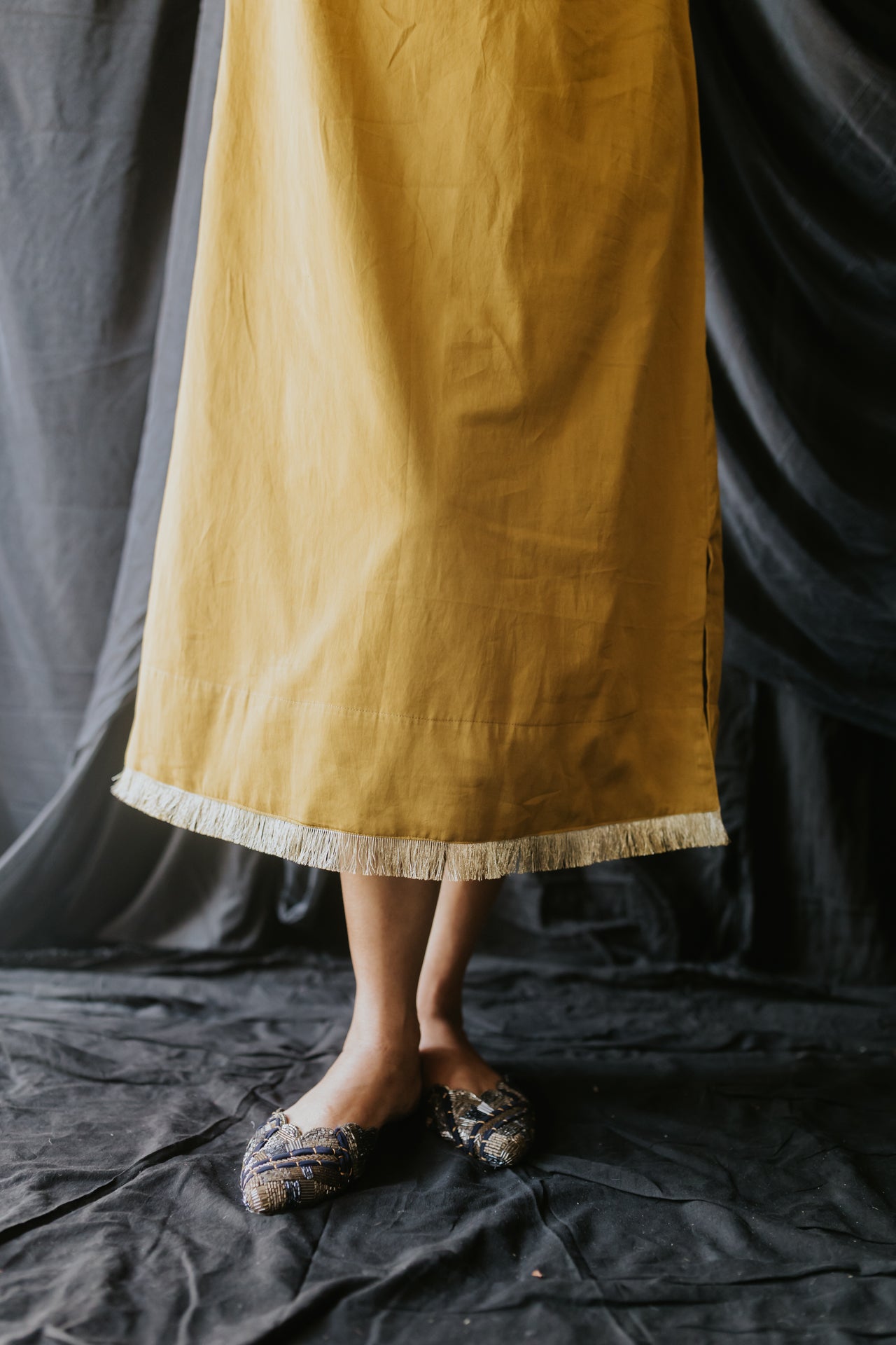 Mustard Handloom Satin Gota Dress