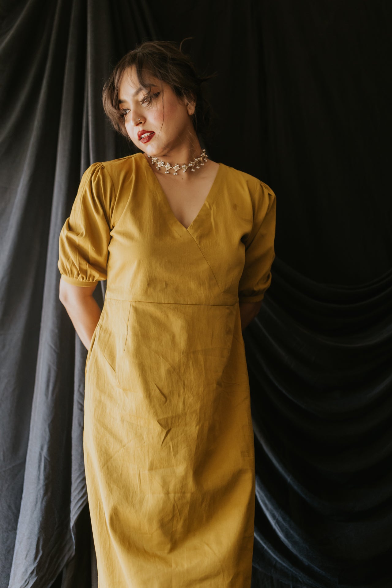 Mustard Handloom Satin Gota Dress