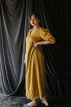 Mustard Handloom Satin Gota Dress