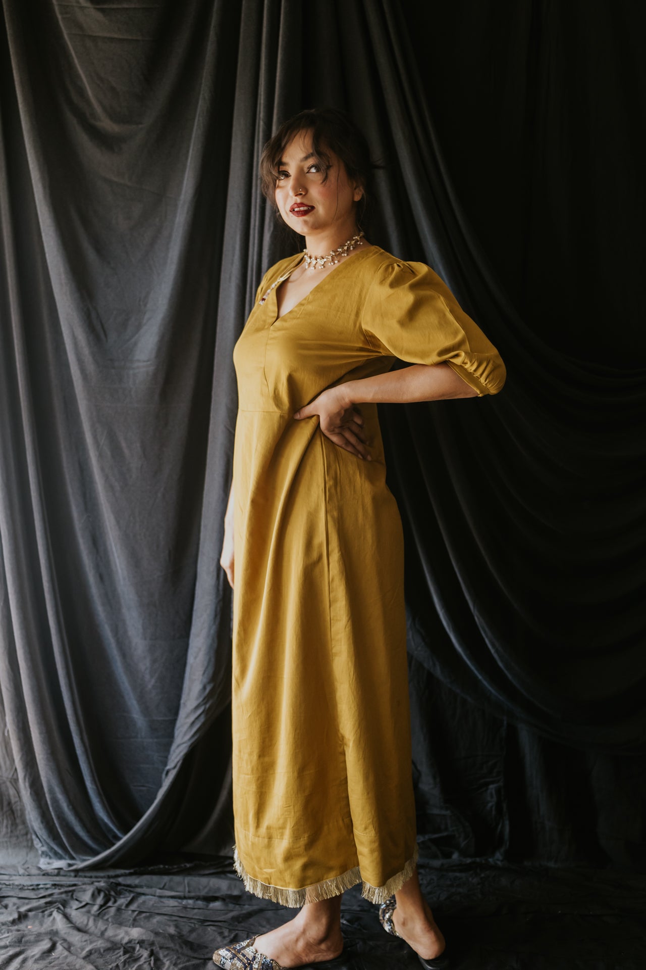 Mustard Handloom Satin Gota Dress