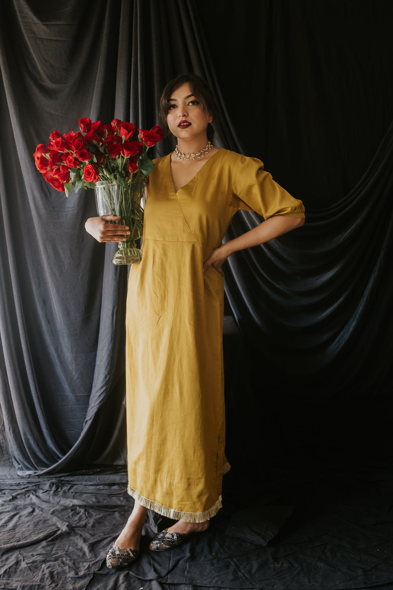 Mustard Handloom Satin Gota Dress