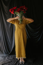 Mustard Handloom Satin Gota Dress