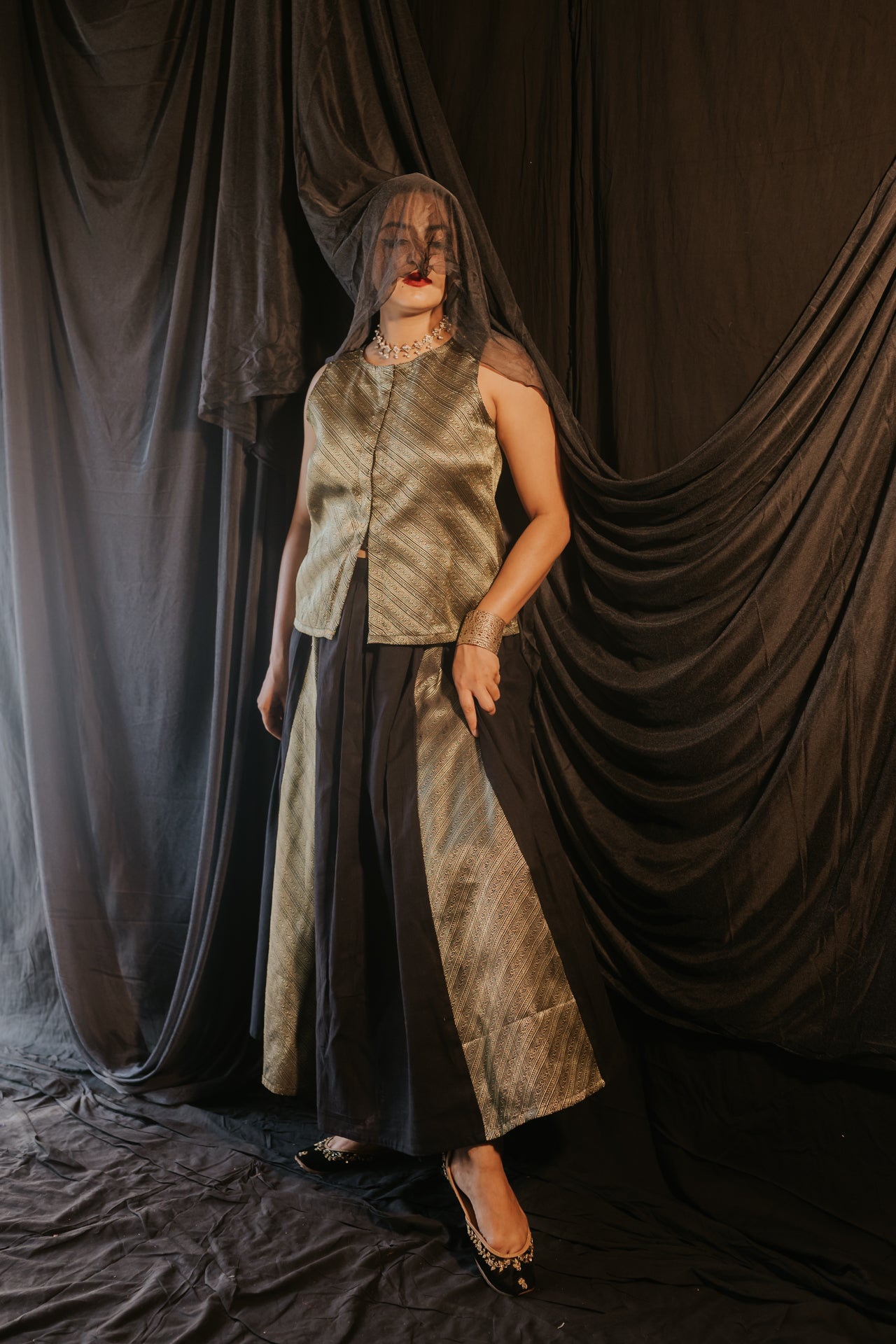 Brocade Vest & Panelled Skirt Set