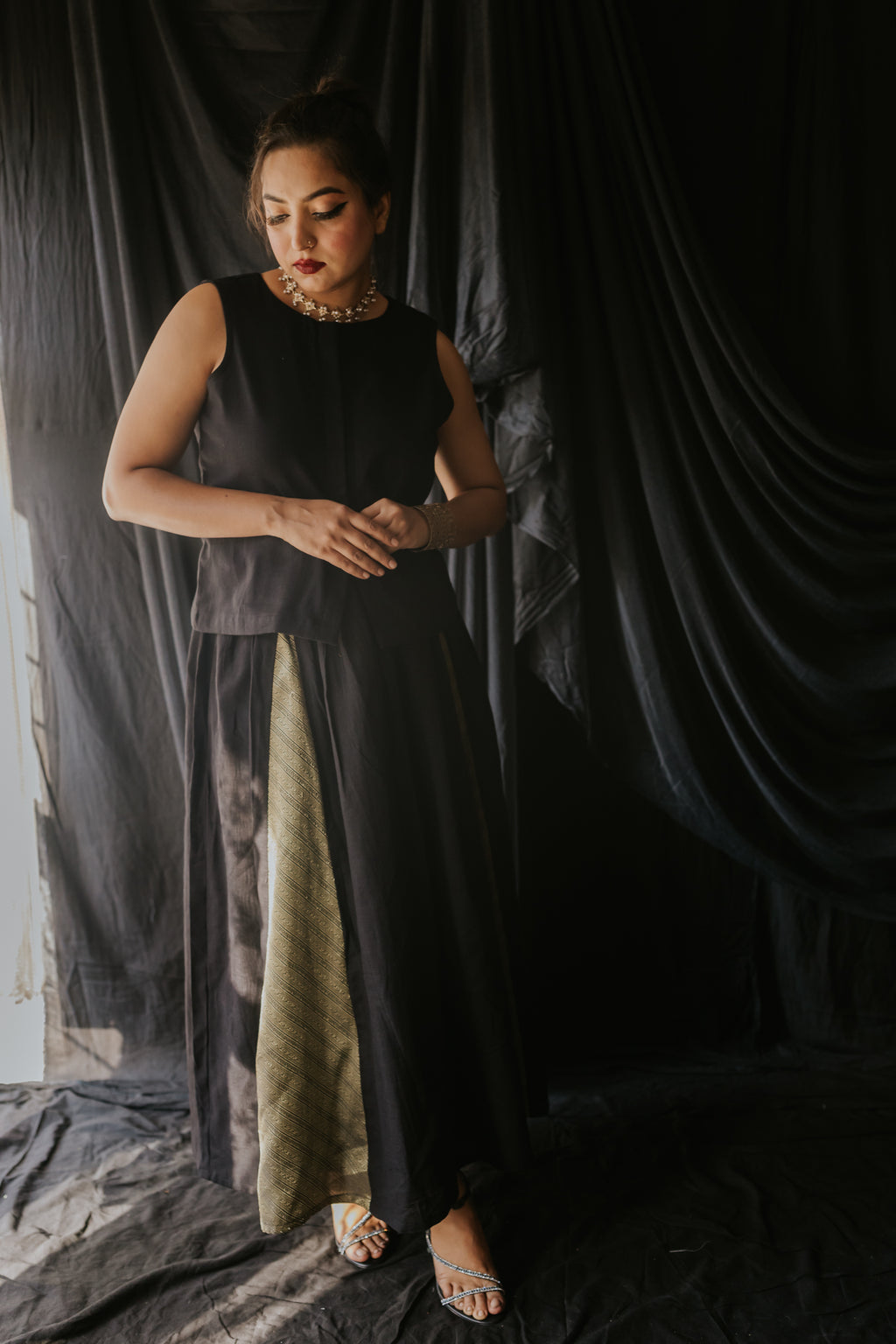 Black Linen Vest & Brocade Panel Skirt Set