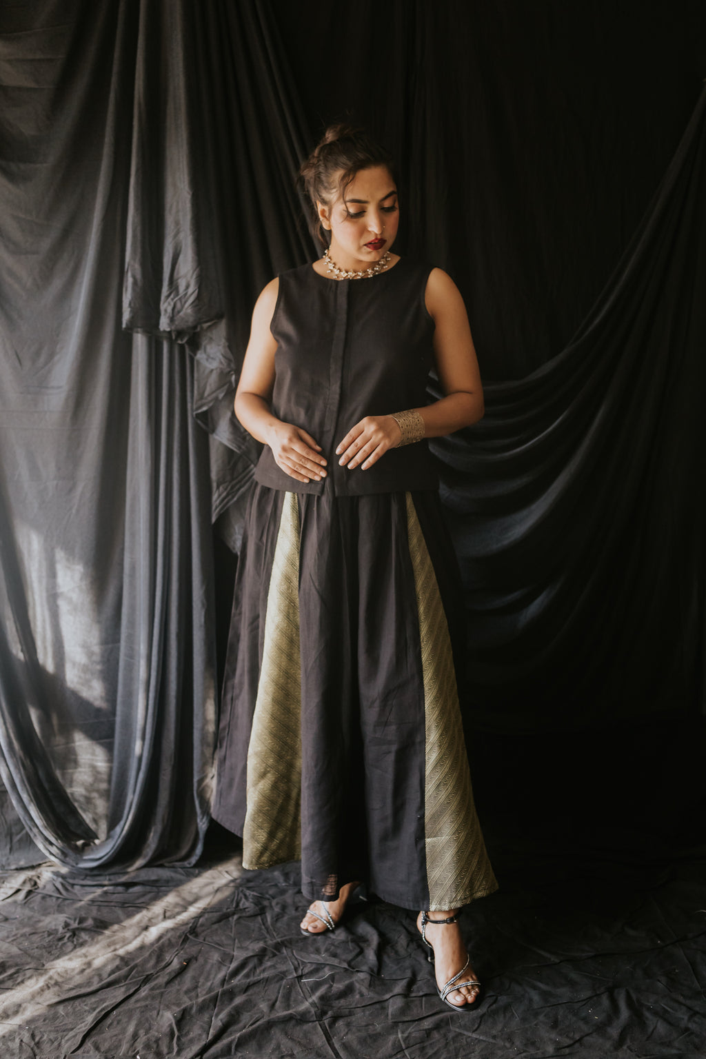 Black Linen Vest & Brocade Panel Skirt Set