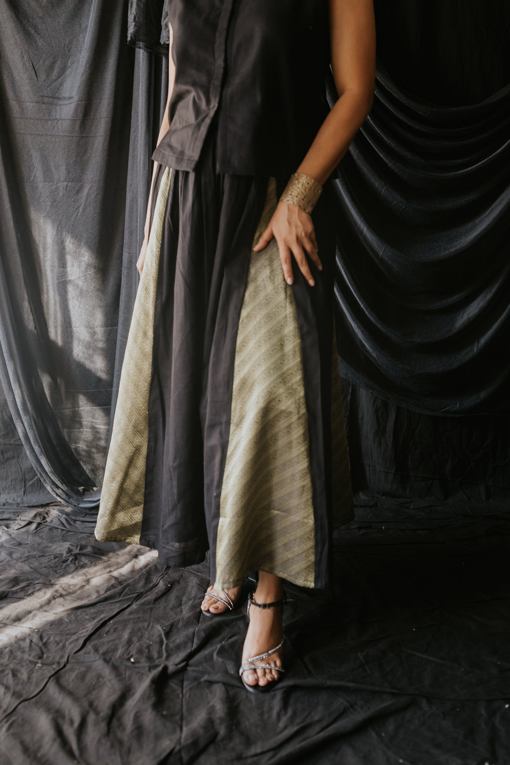 Black Linen Vest & Brocade Panel Skirt Set