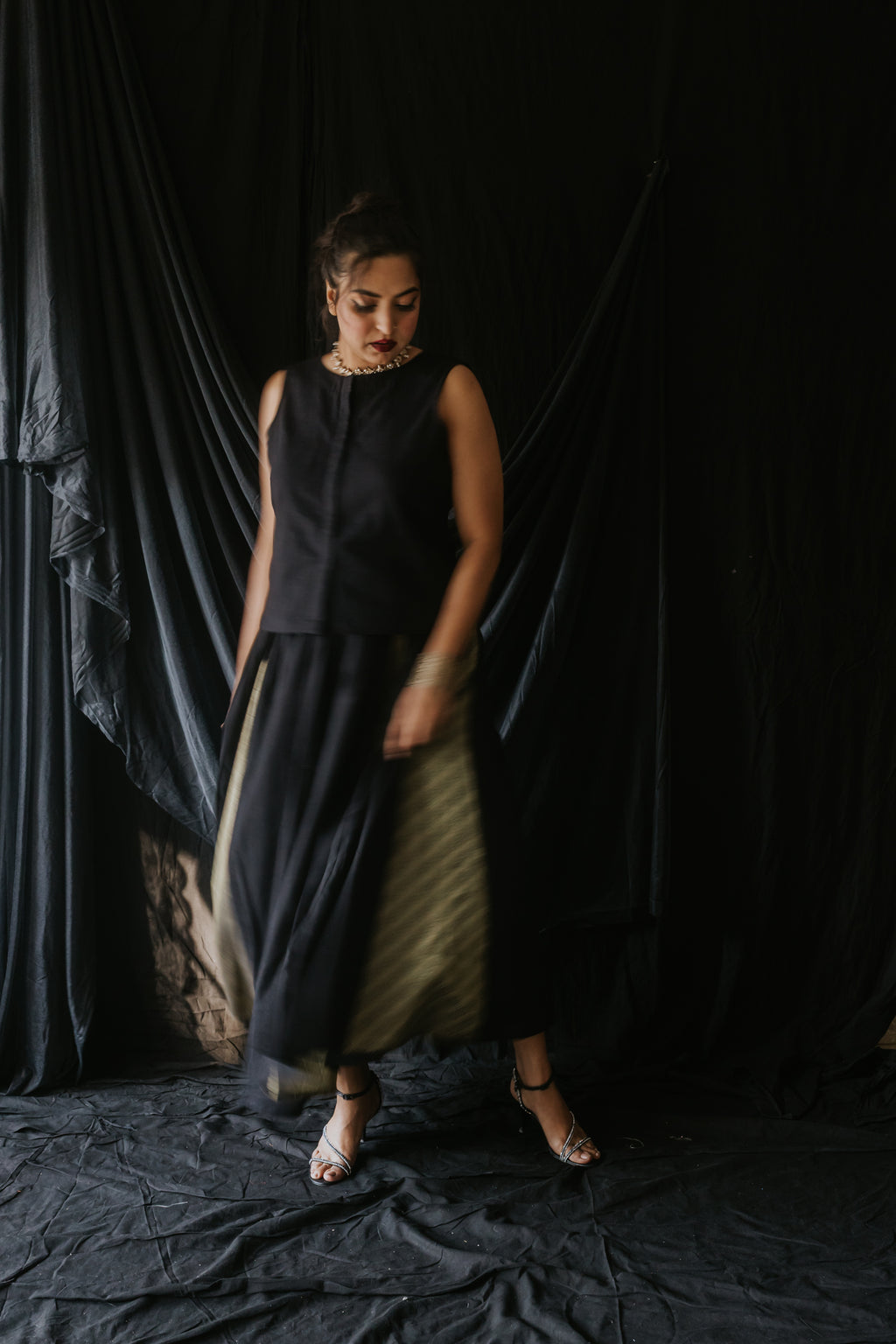 Black Linen Vest & Brocade Panel Skirt Set