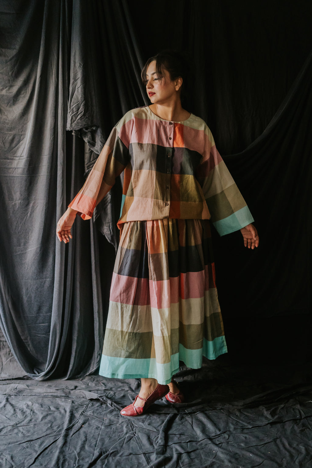 Multicolor Linen Check Skirt