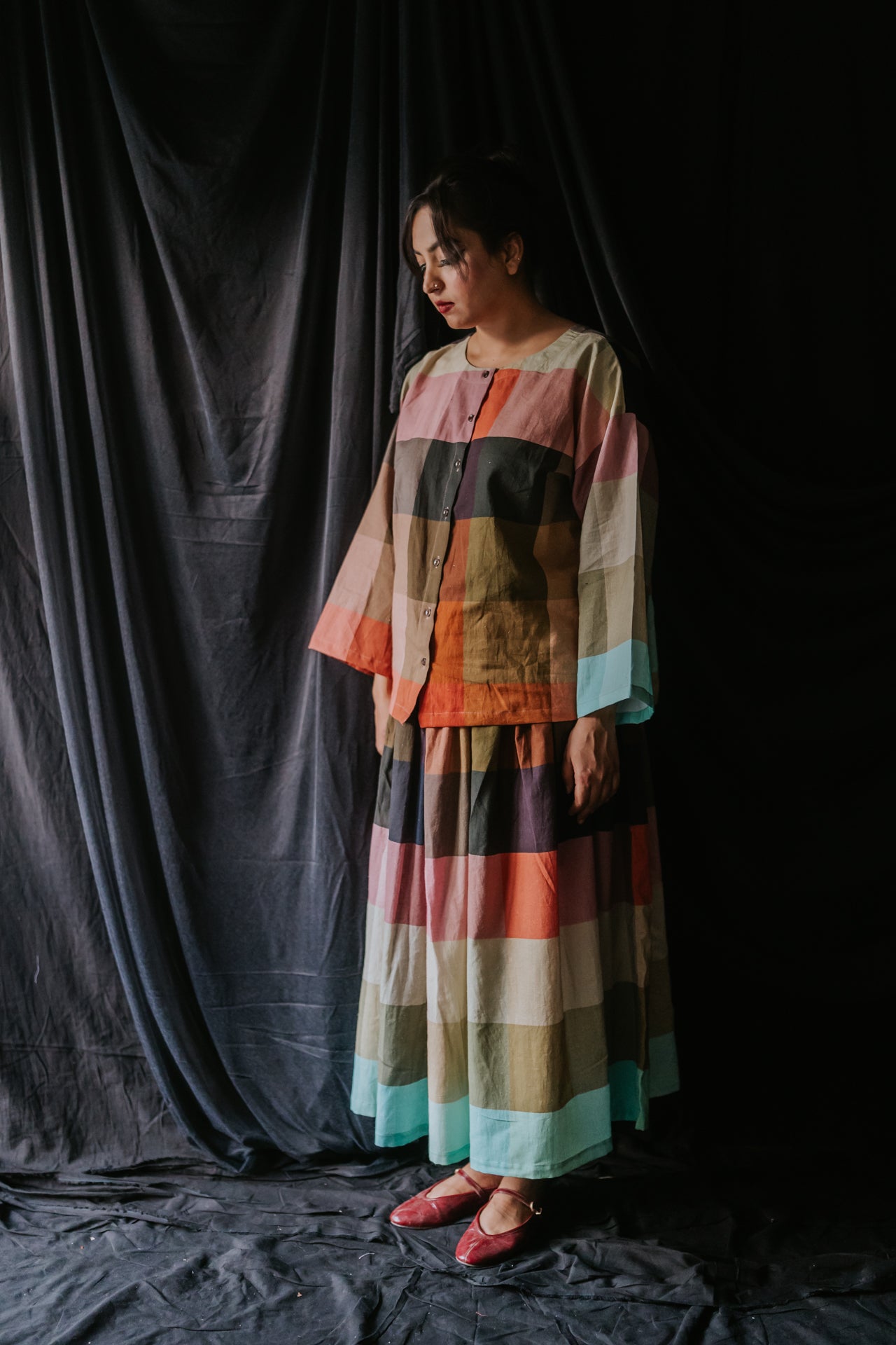 Multicolor Linen Check Skirt