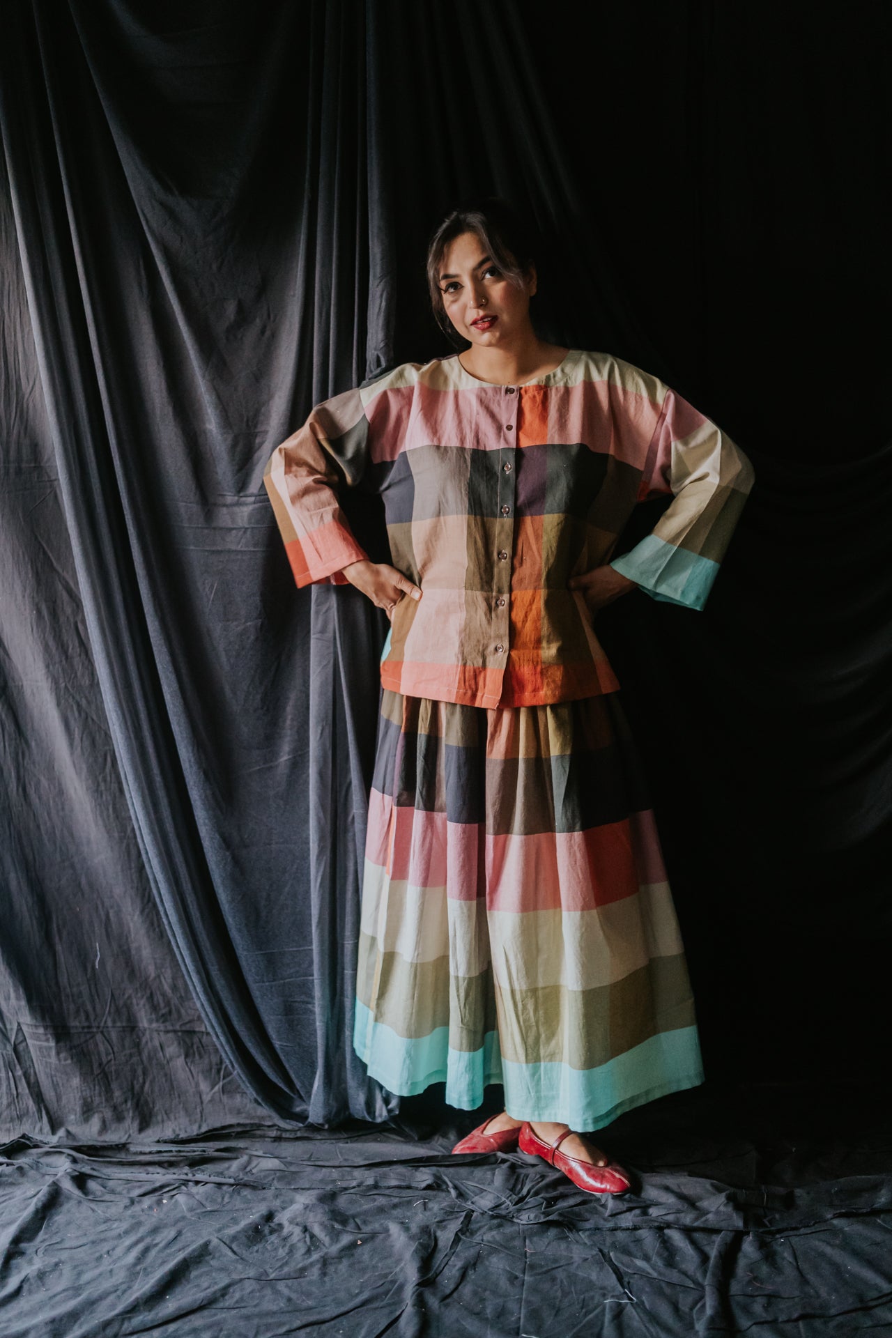 Multicolor Linen Check Skirt