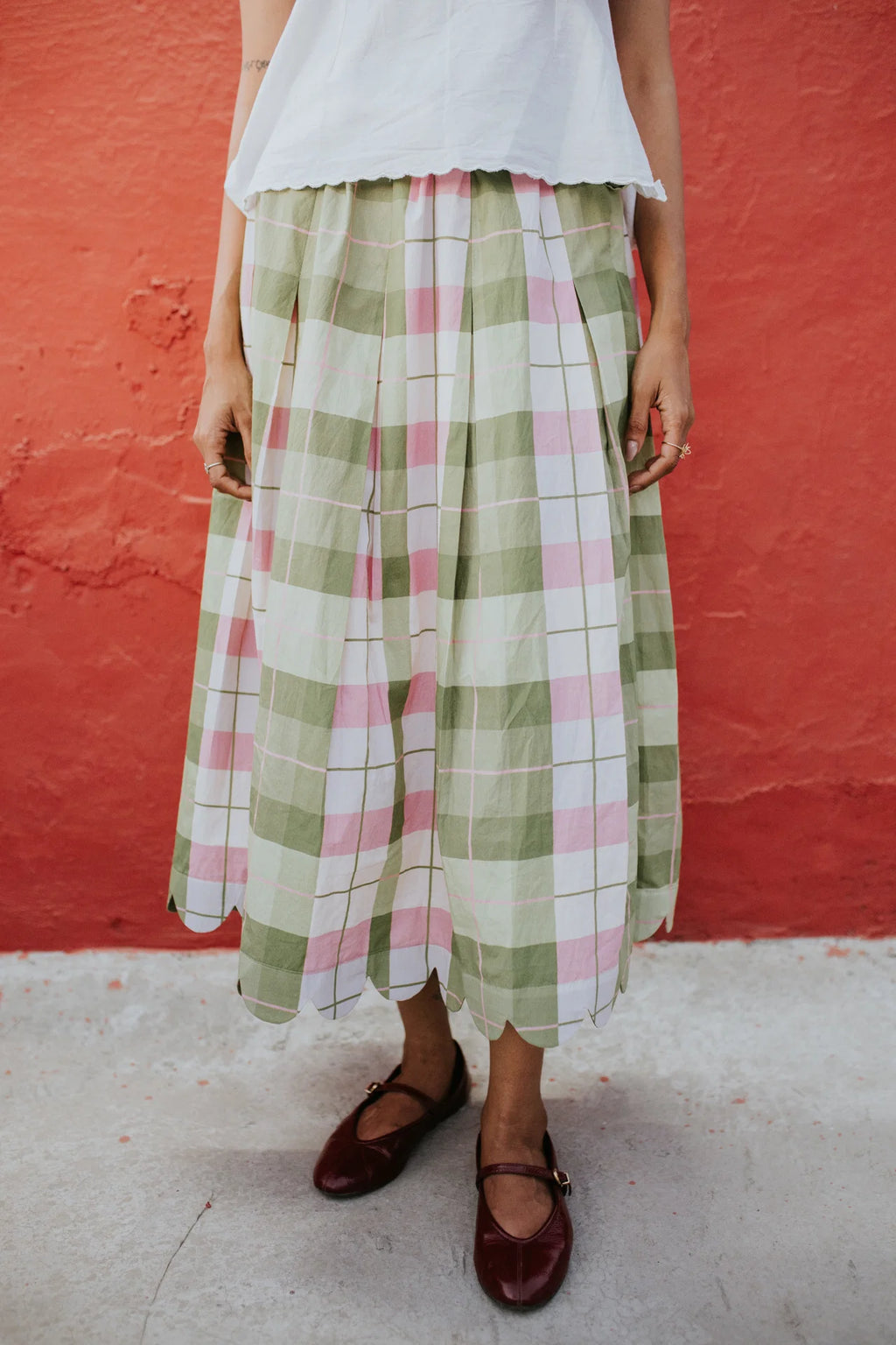 Mint Meadow Check Scallop Skirt