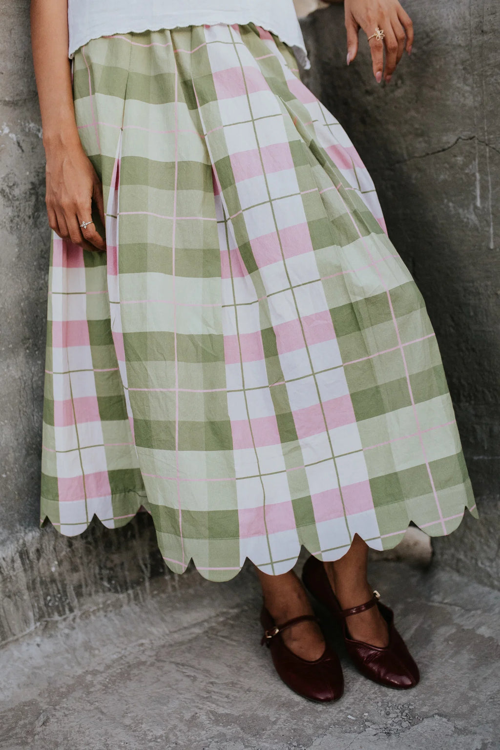 Mint Meadow Check Scallop Skirt