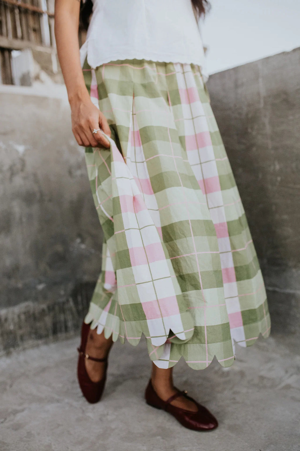 Mint Meadow Check Scallop Skirt