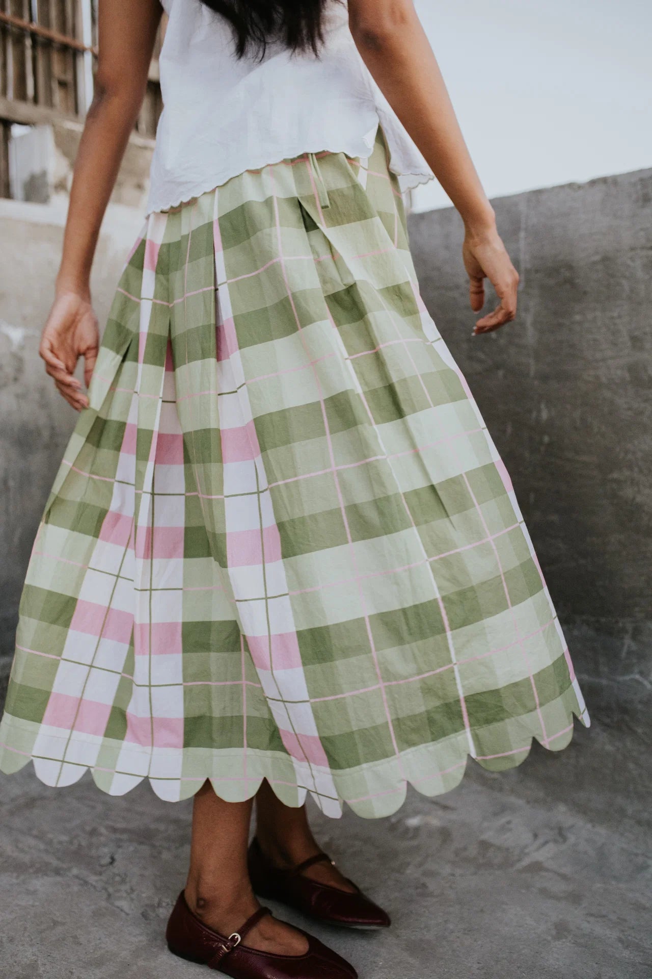 Mint Meadow Check Scallop Skirt