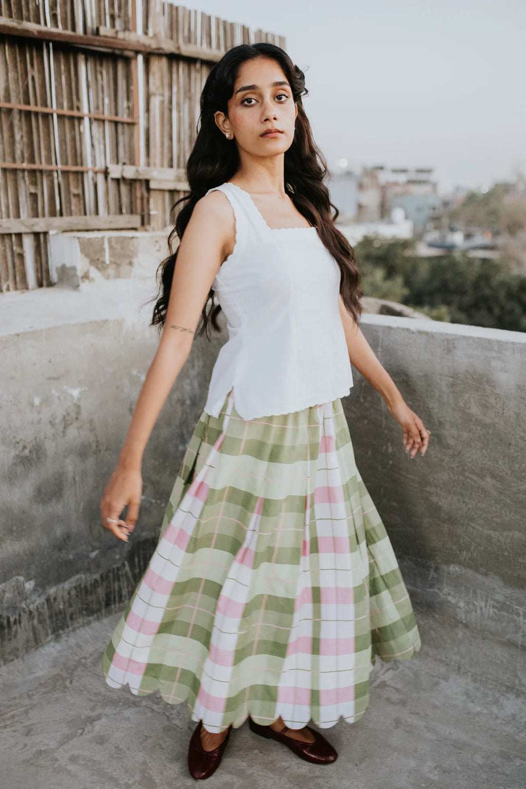 Mint Meadow Check Scallop Skirt