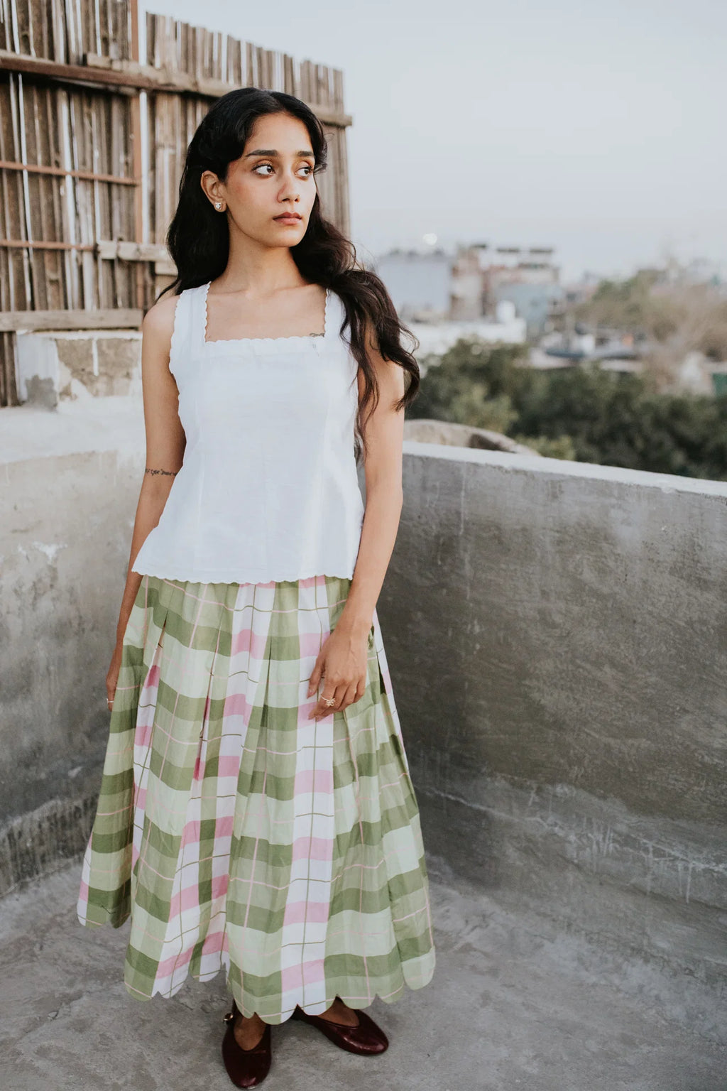 Mint Meadow Check Scallop Skirt