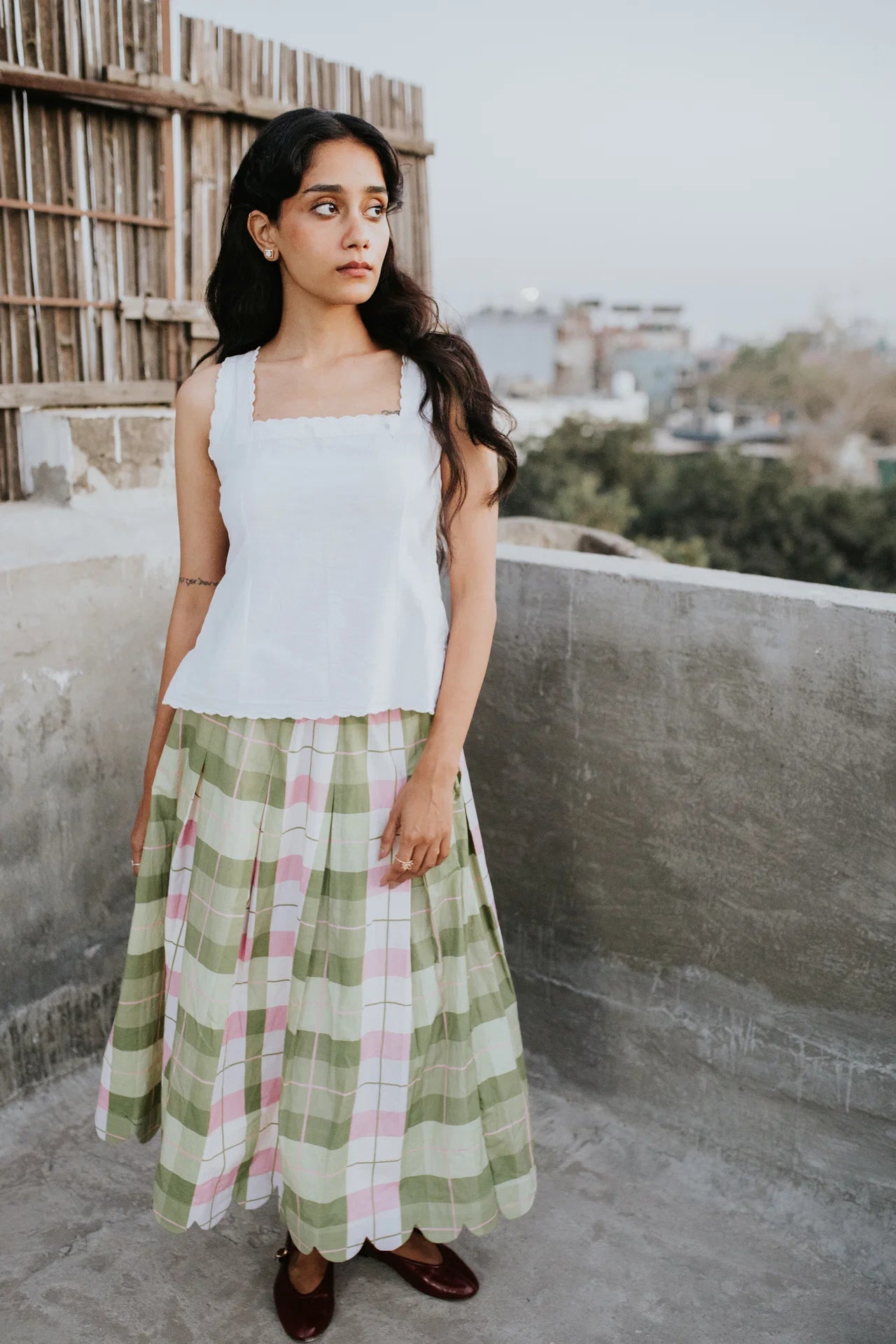 Mint Meadow Check Scallop Skirt