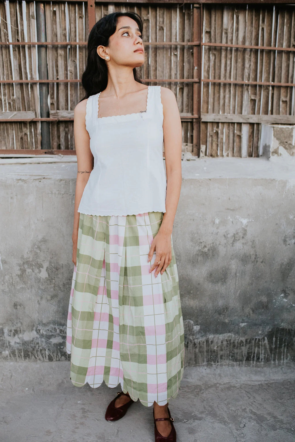 Mint Meadow Check Scallop Skirt