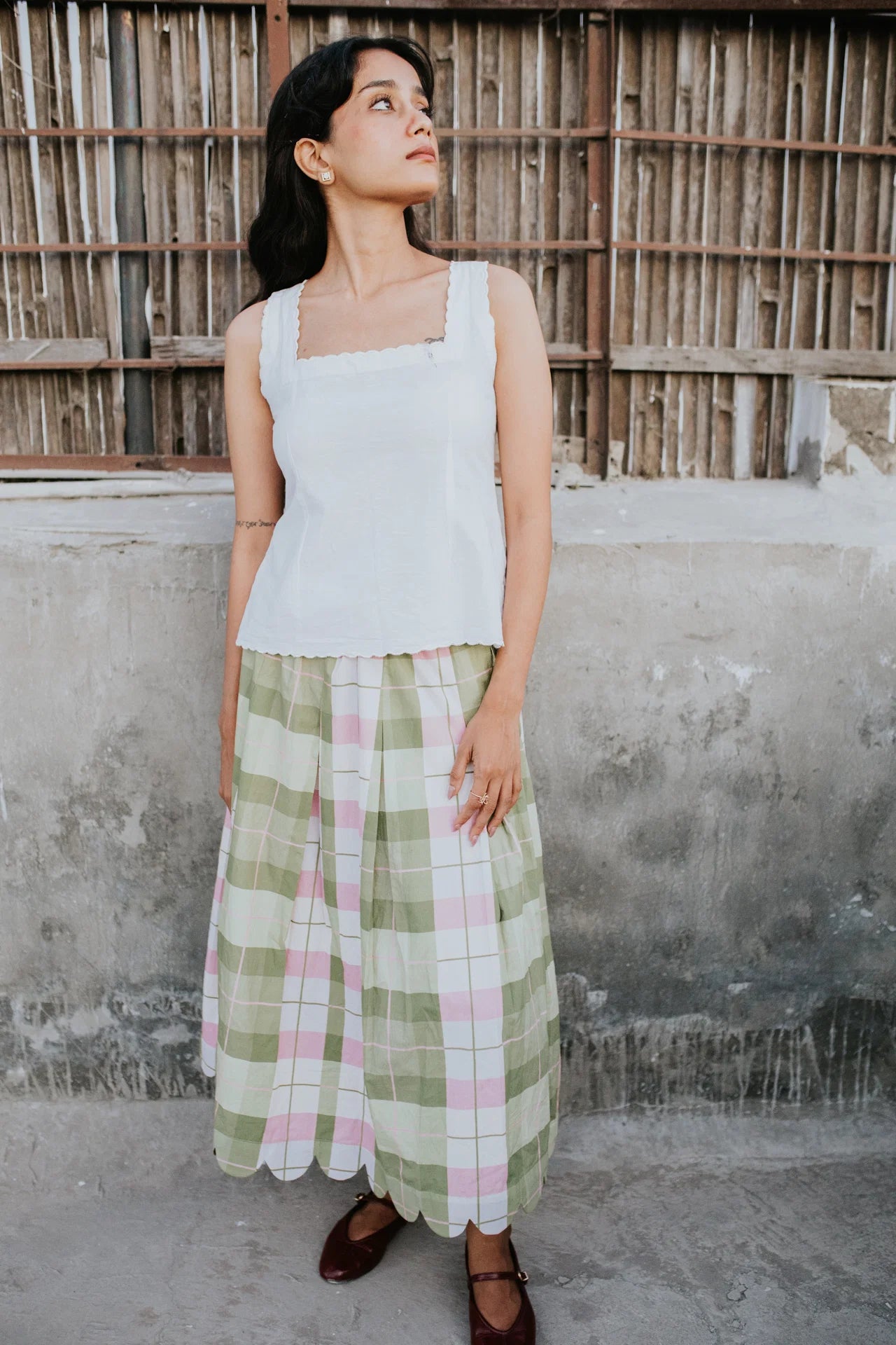 Mint Meadow Check Scallop Skirt