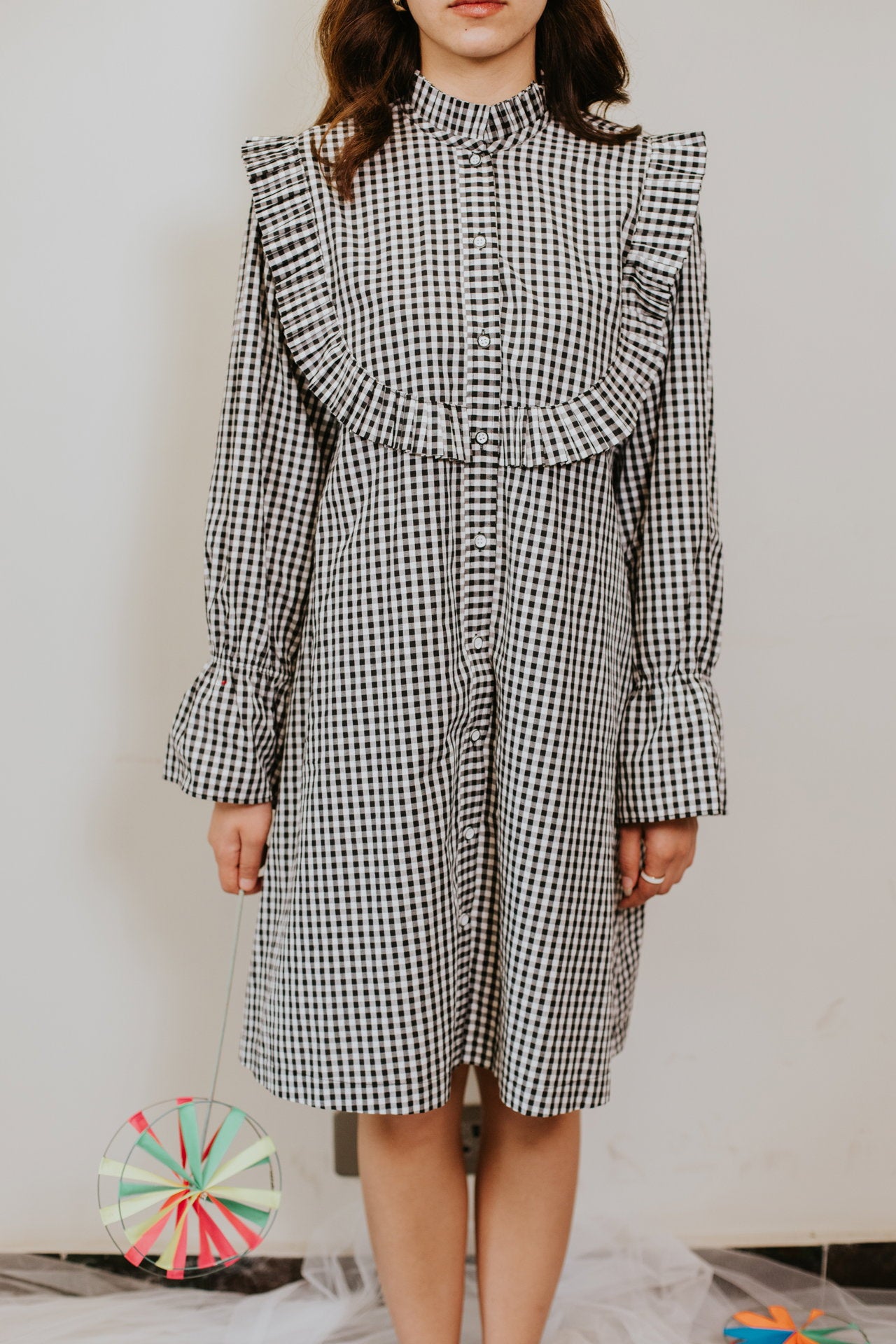 Monochrome Gingham Ruffle Dress