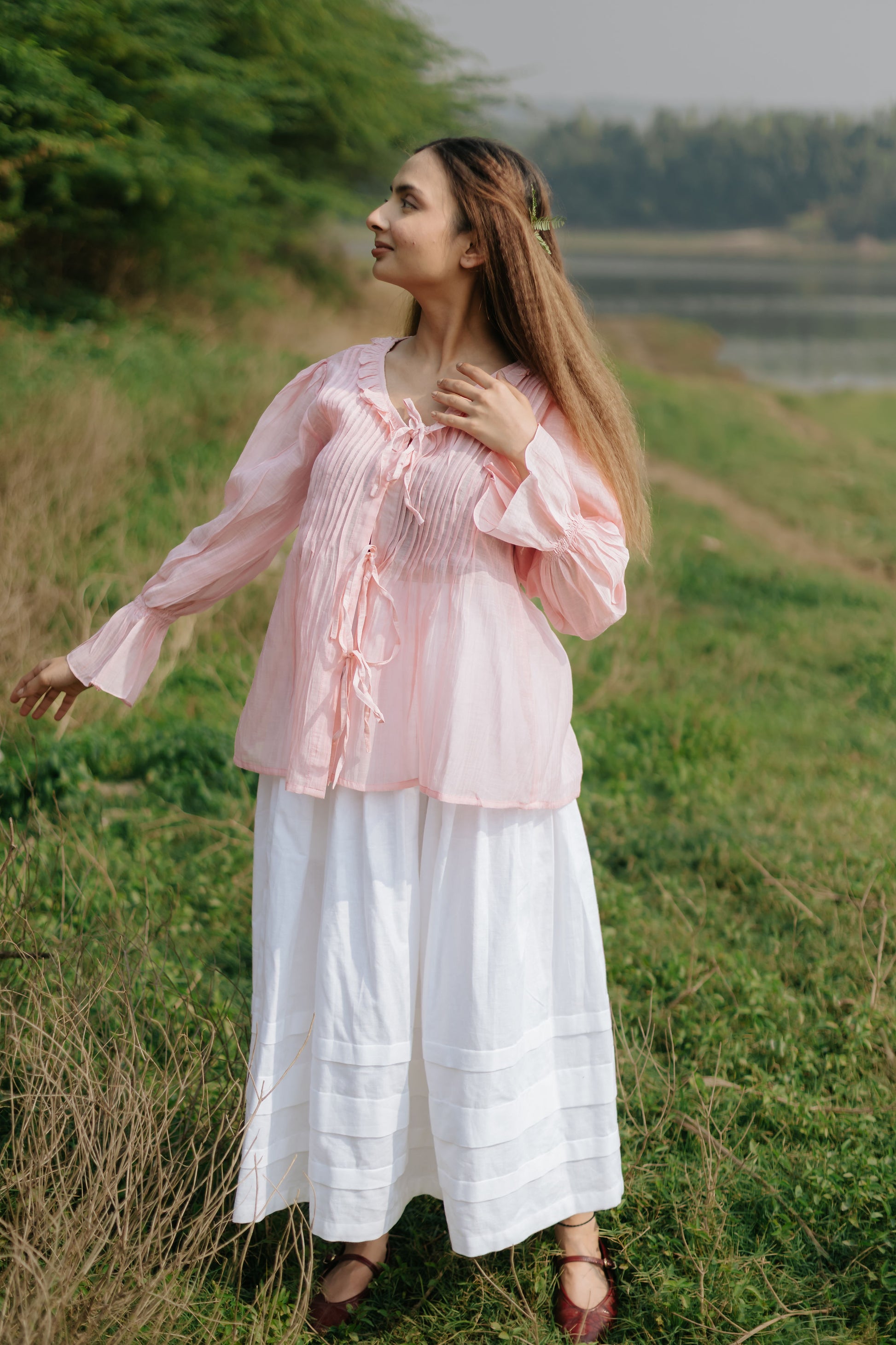 Soft Peony Frill Pintuck Top