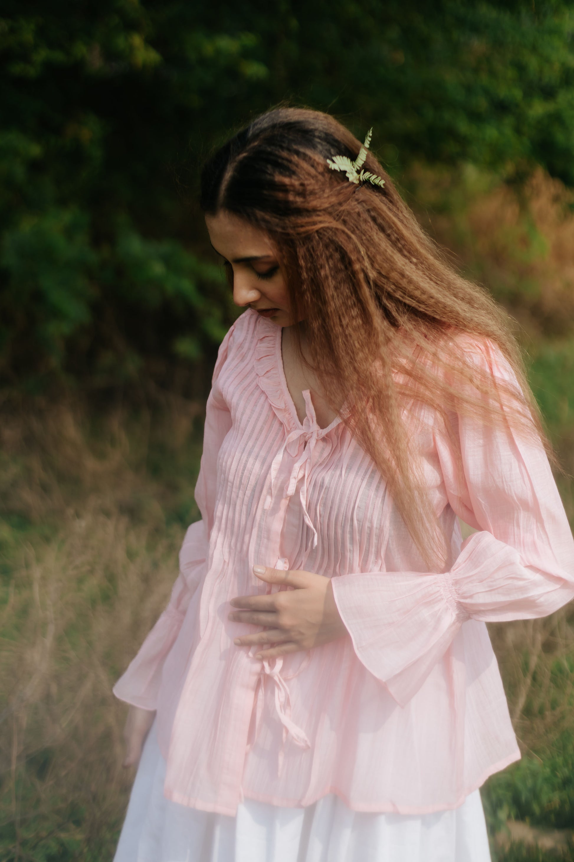 Soft Peony Frill Pintuck Top