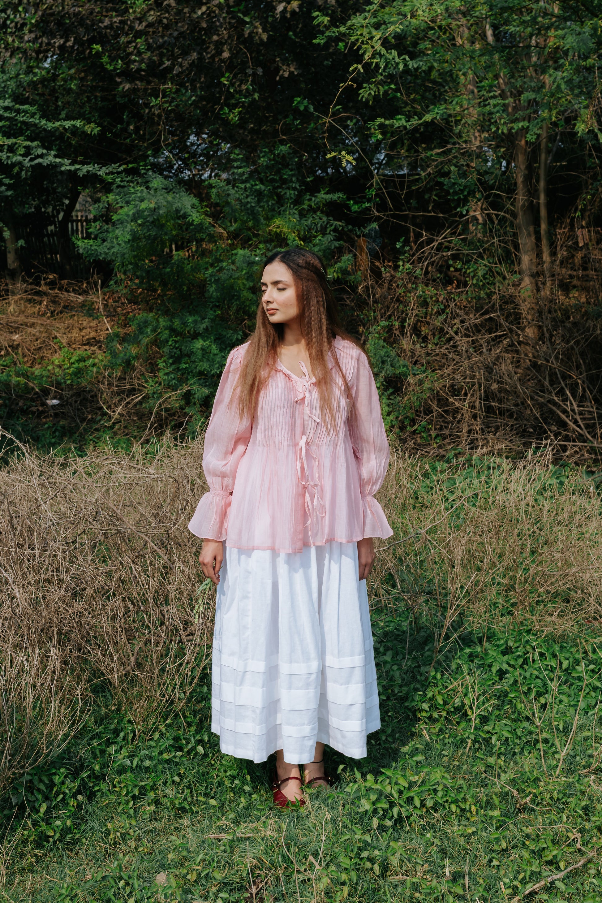 Soft Peony Frill Pintuck Top