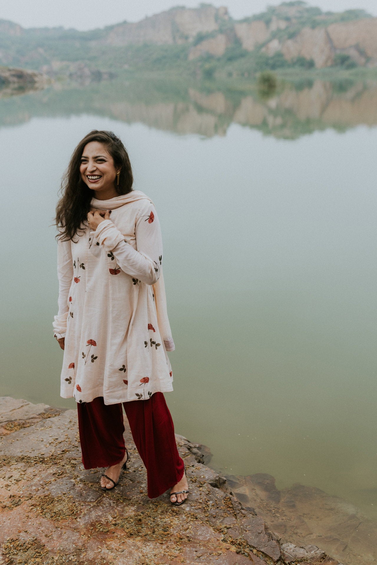 Handpainted Rose Garden Mulmul Kurta Set