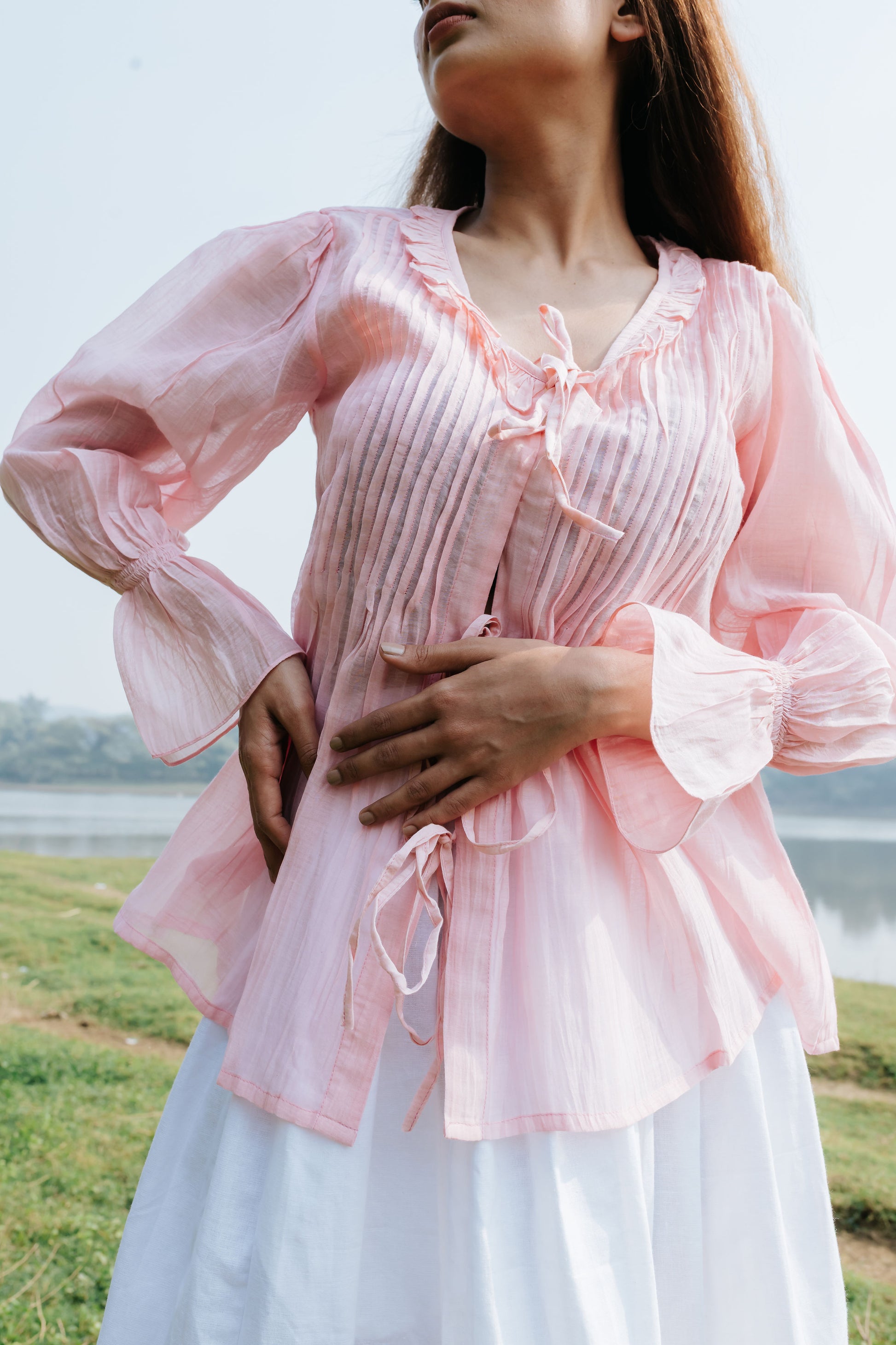 Soft Peony Frill Pintuck Top