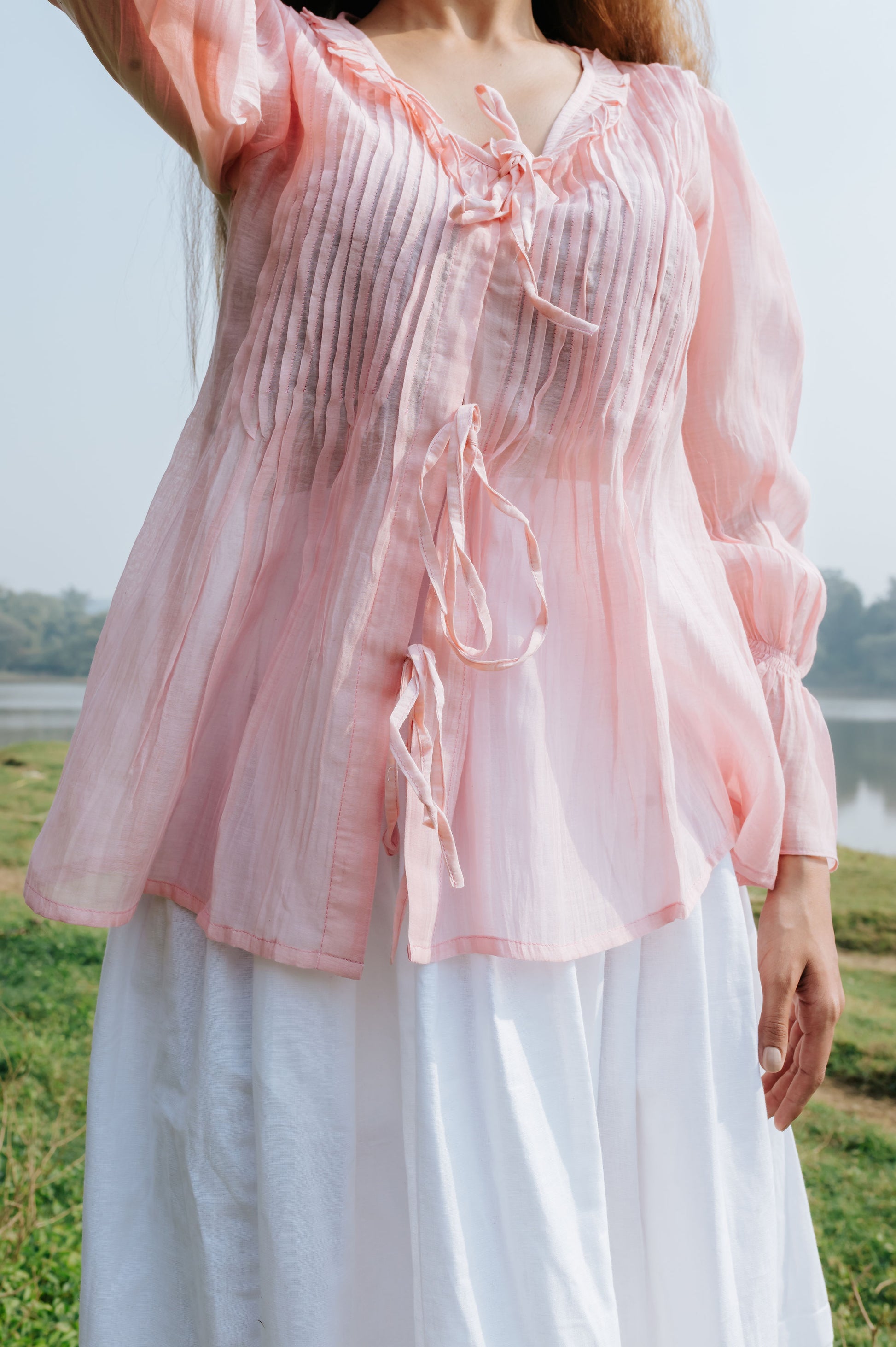 Soft Peony Frill Pintuck Top