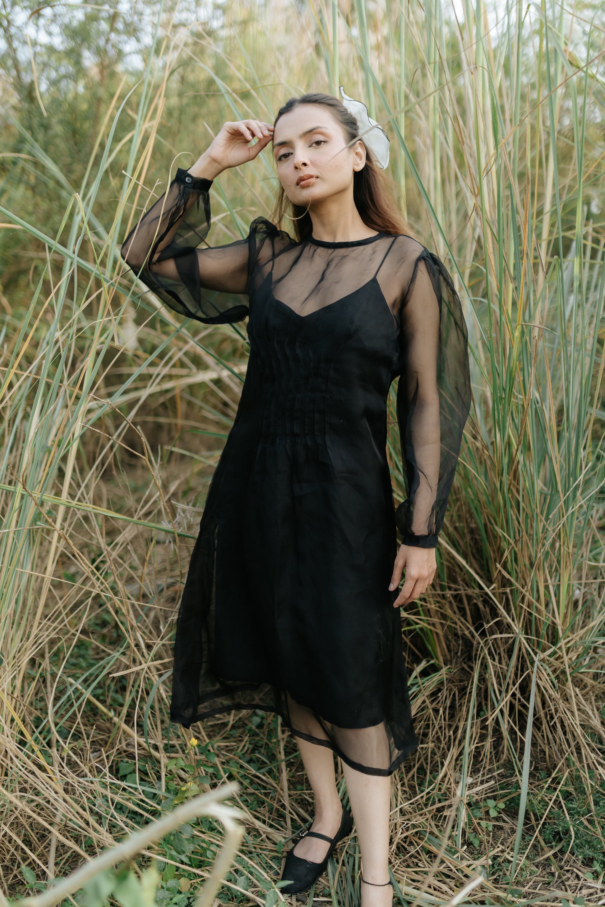 Black Rose Organza Pleated Dress