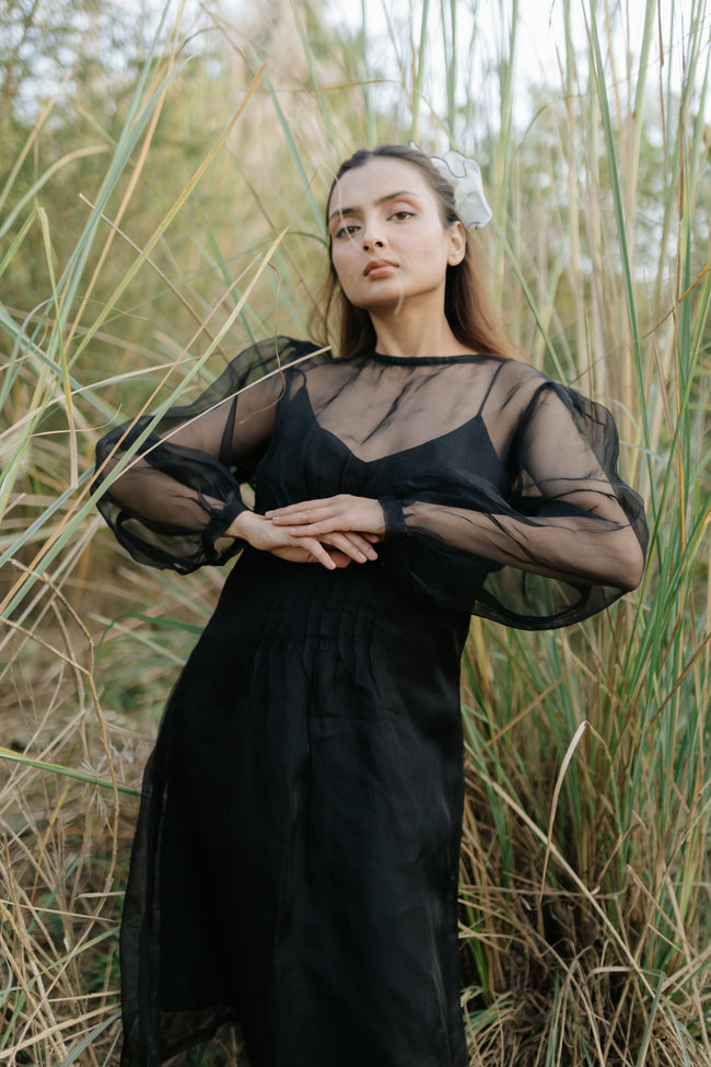 Black Rose Organza Pleated Dress Main Image