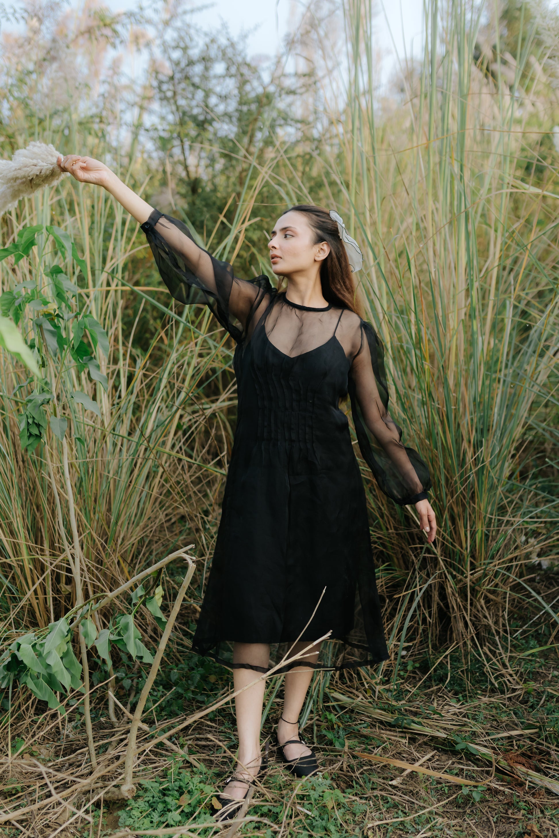 Black Rose Organza Pleated Dress