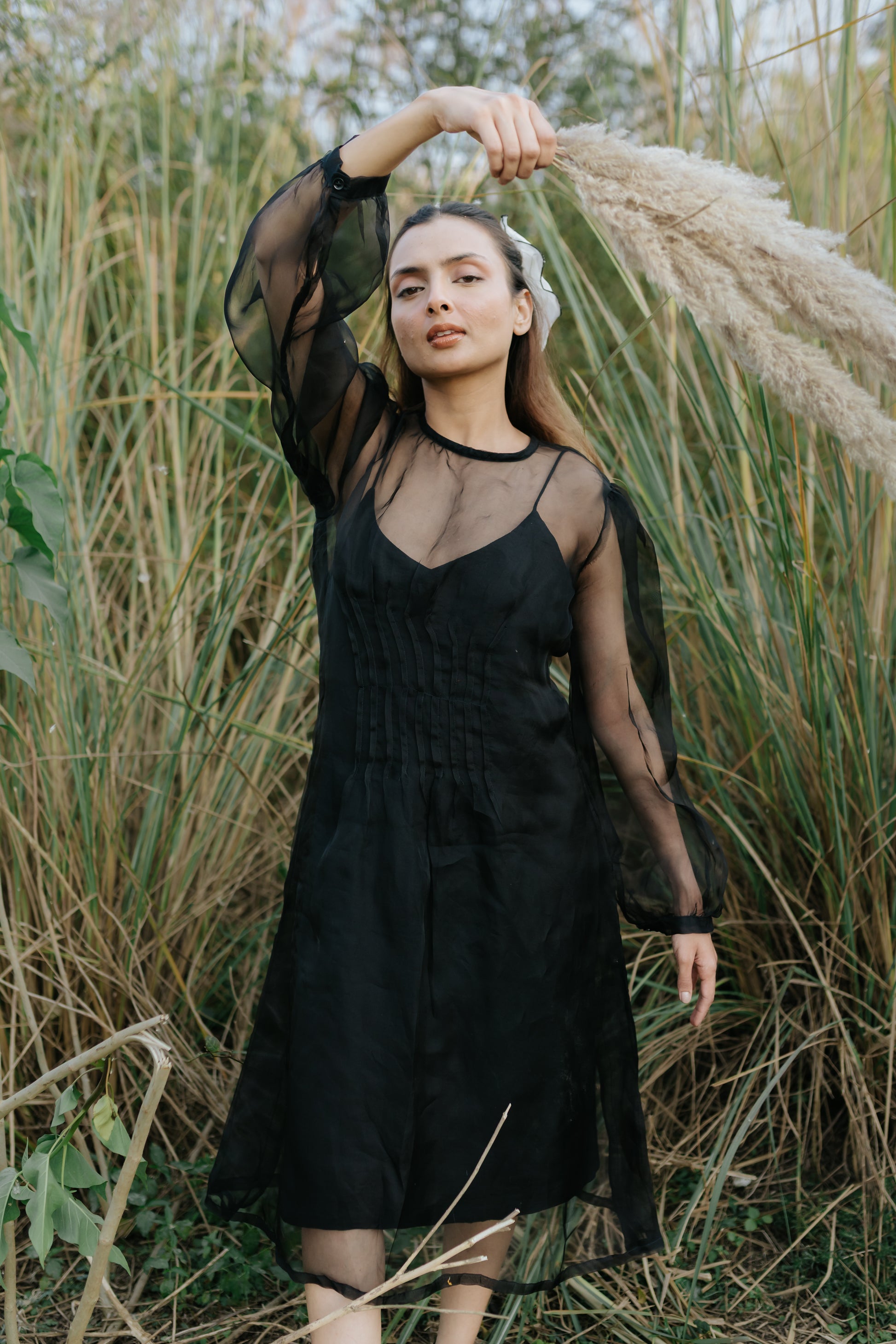 Black Rose Organza Pleated Dress