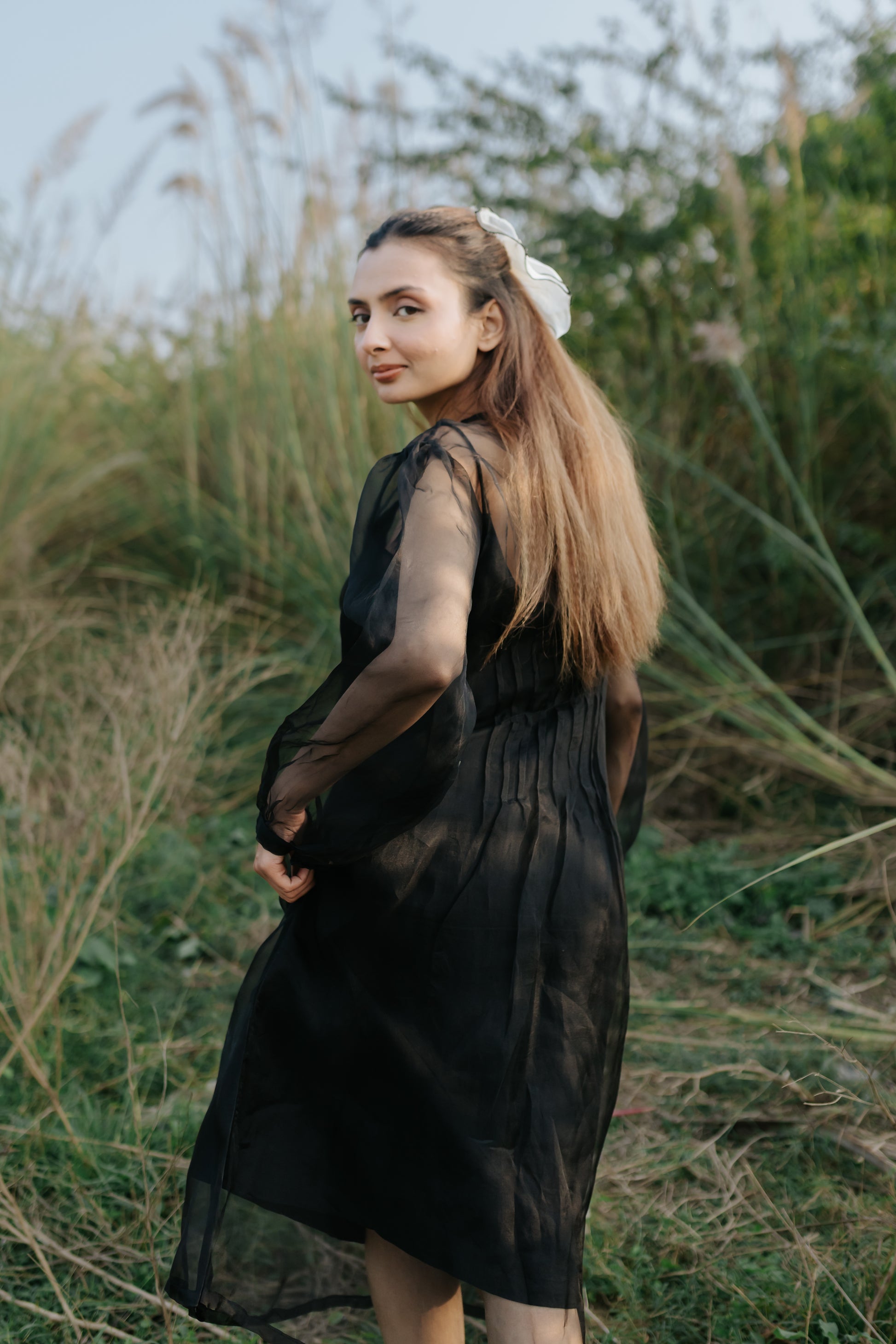 Black Rose Organza Pleated Dress