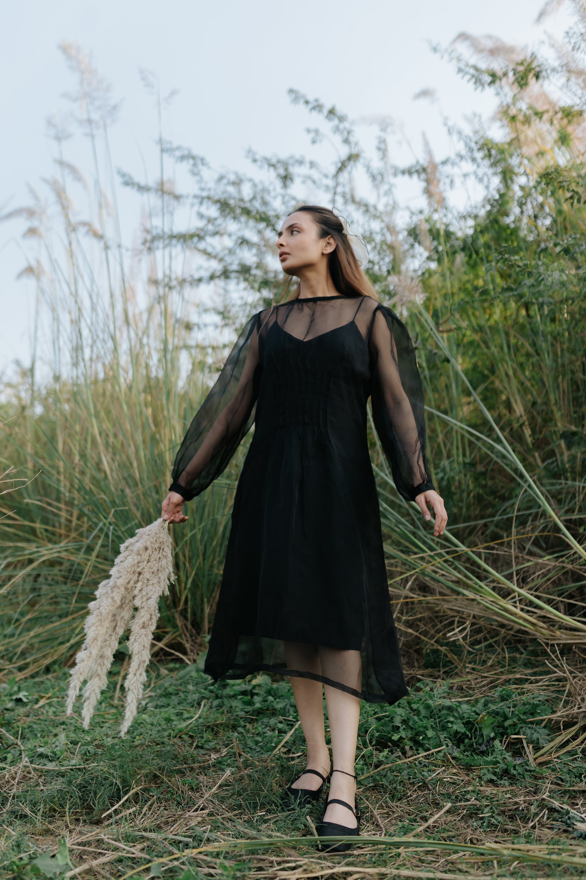 Black Rose Organza Pleated Dress
