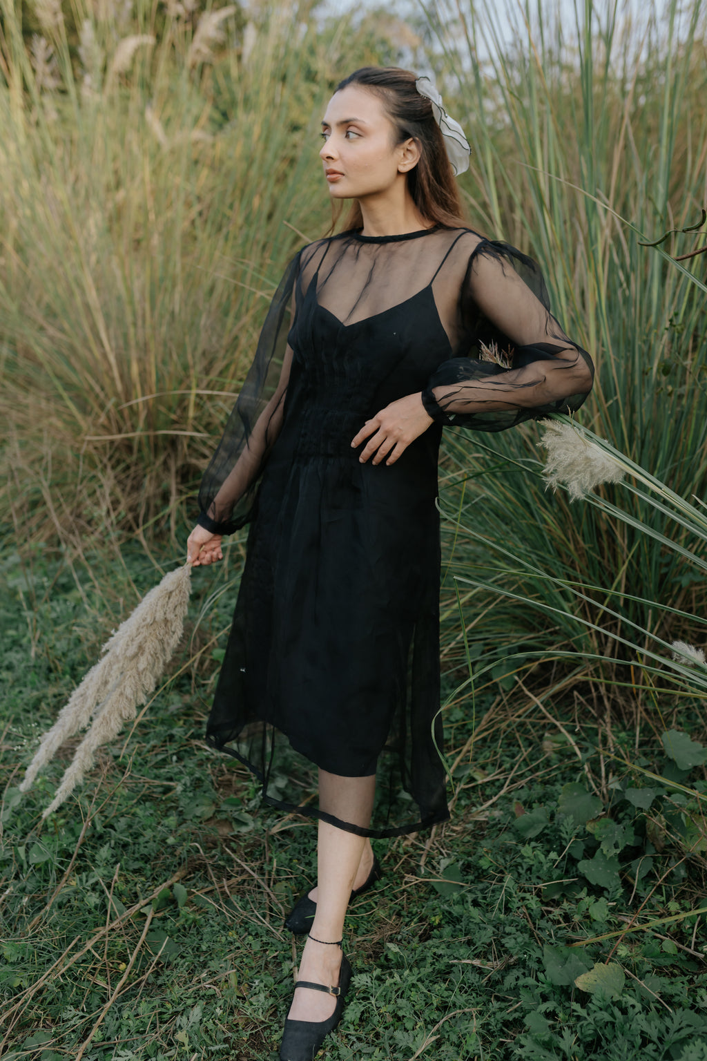 Black Rose Organza Pleated Dress