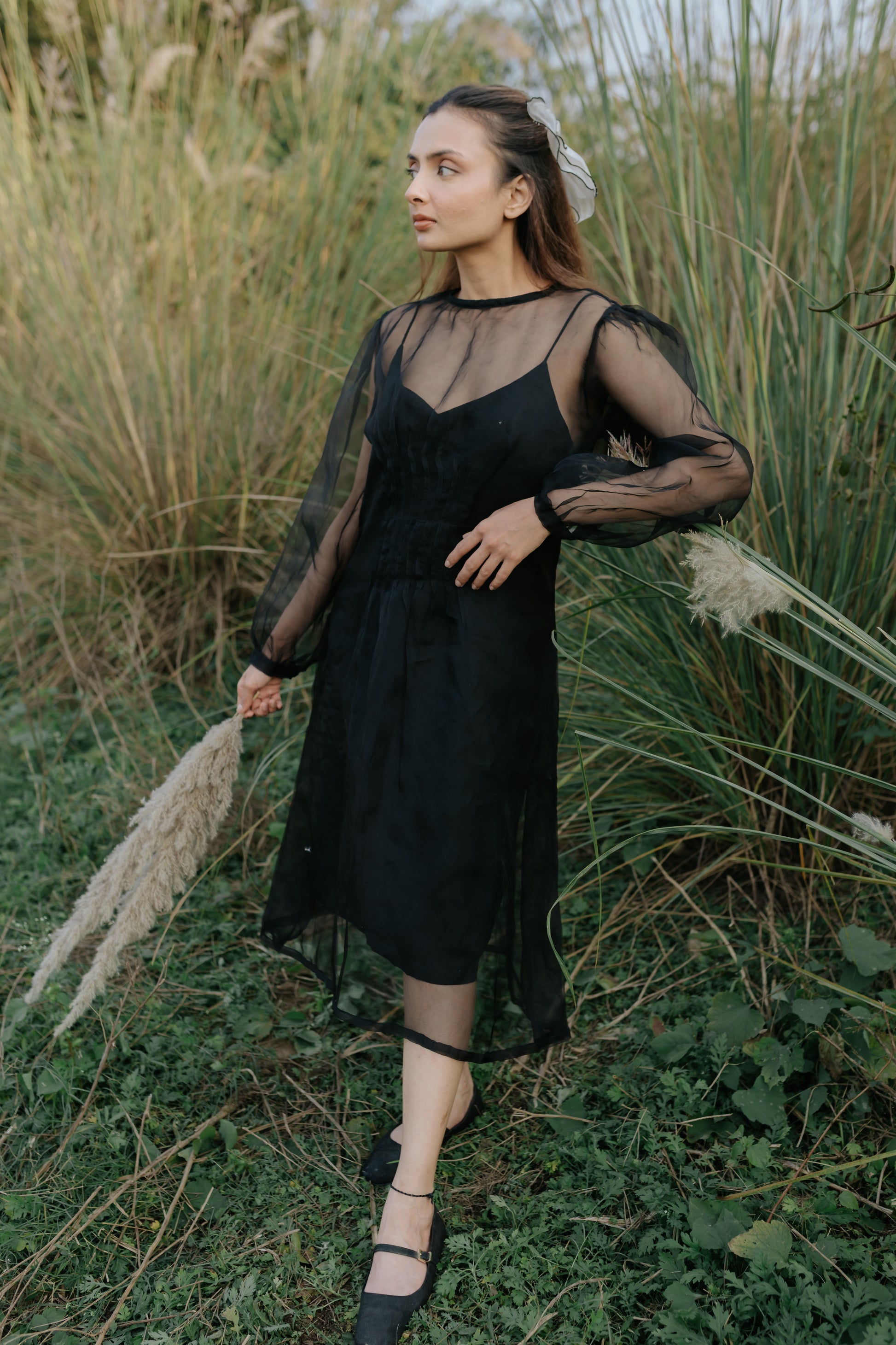 Black Rose Organza Pleated Dress