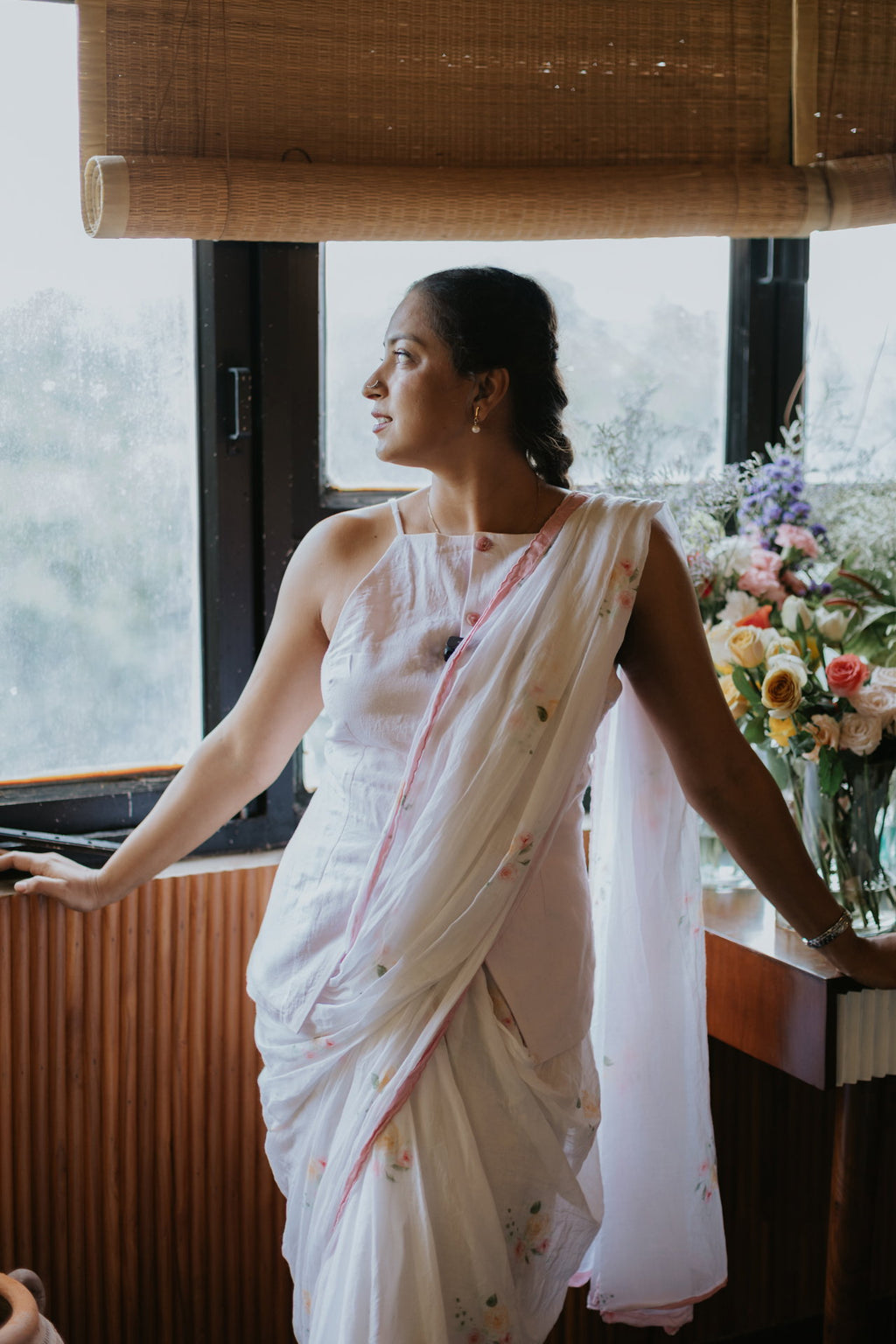 Pink Scalloped Rose Mulmul Saree