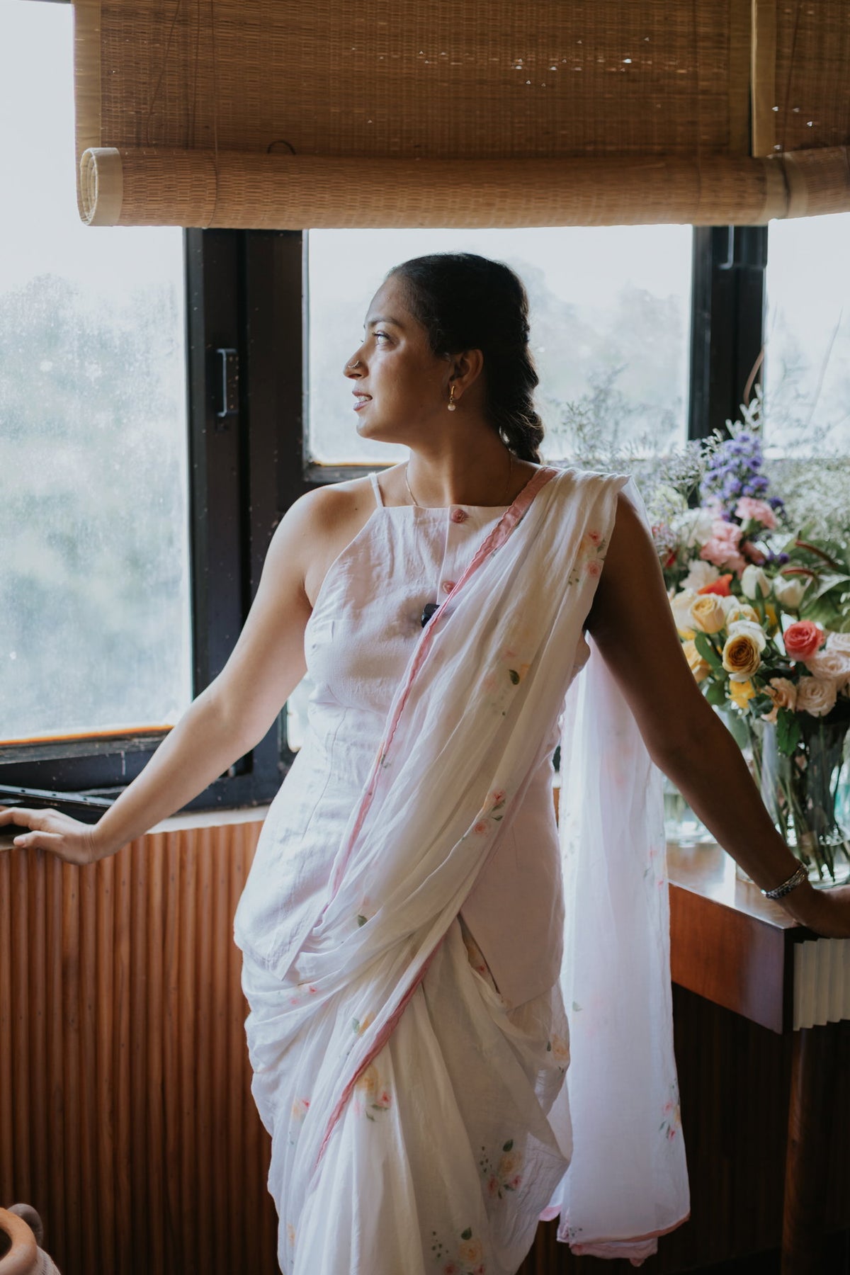 Pink Scalloped Rose Mulmul Saree, view 2