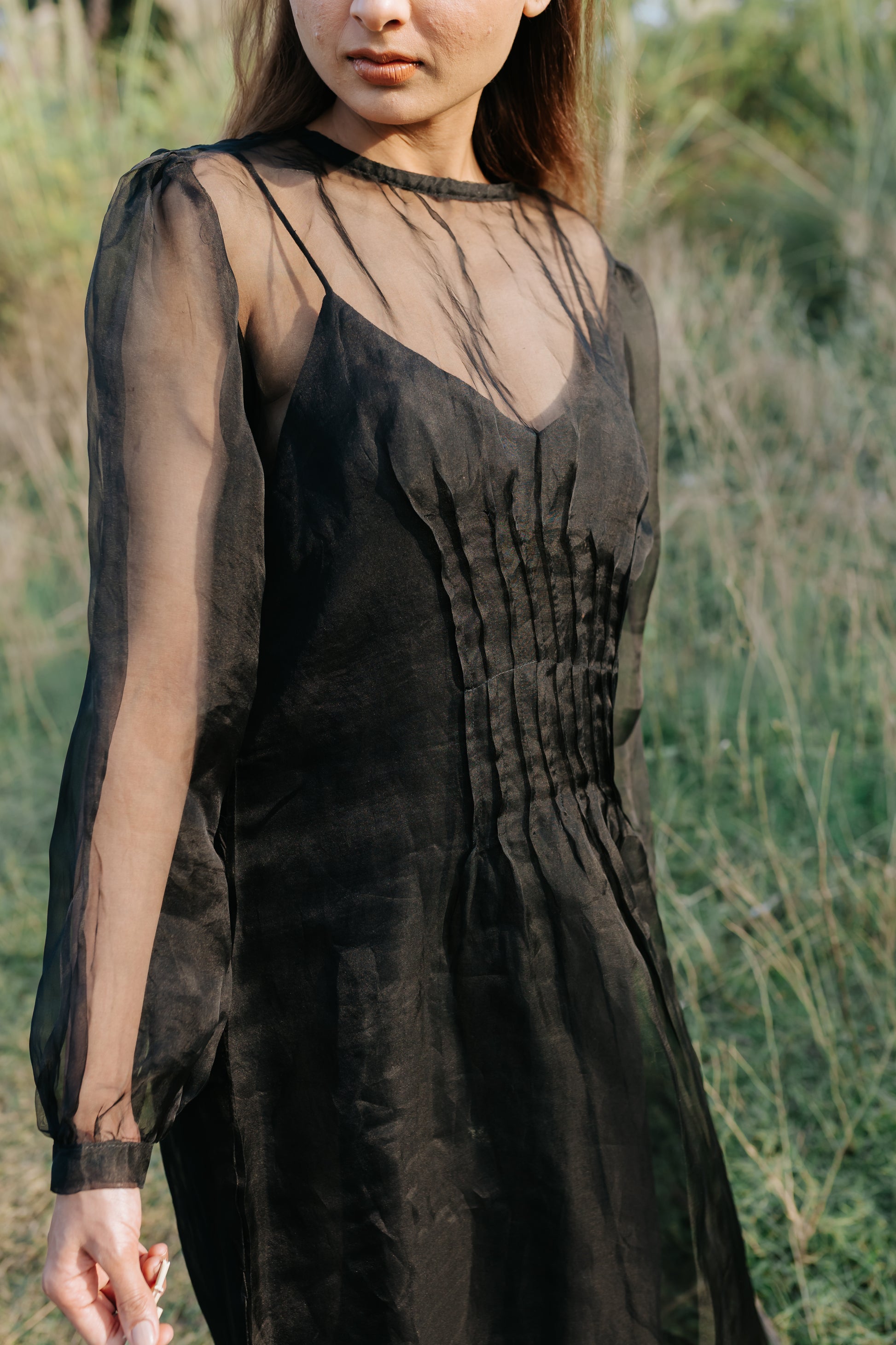 Black Rose Organza Pleated Dress