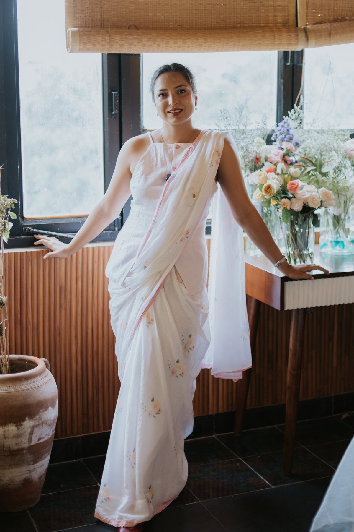 Pink Scalloped Rose Mulmul Saree