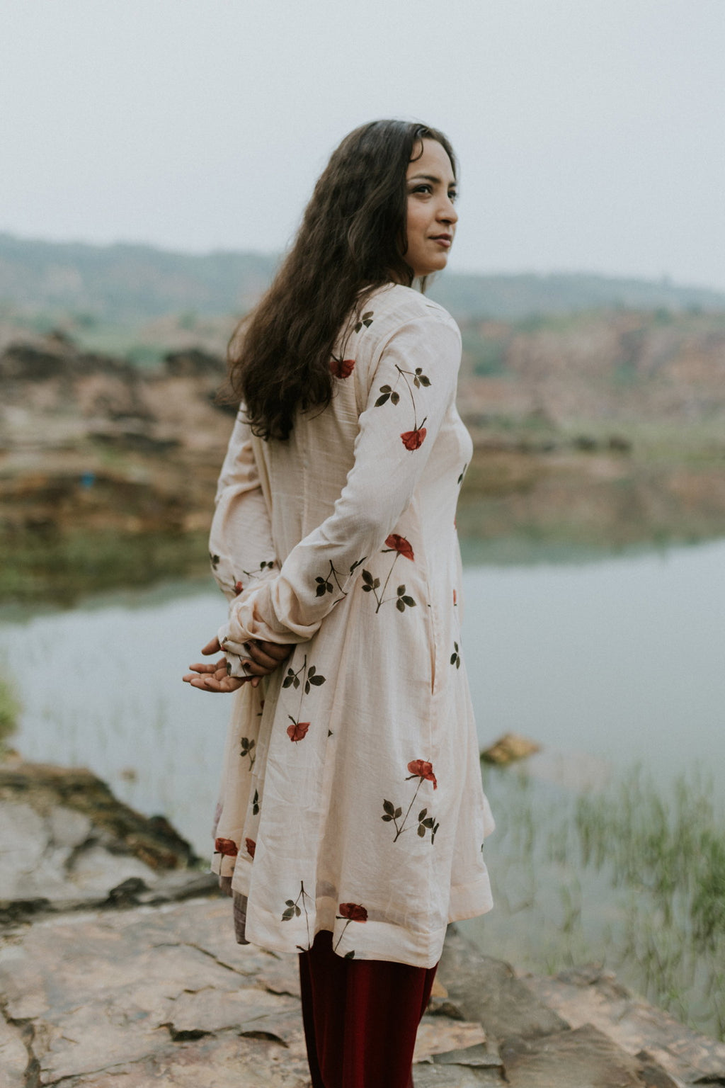 Handpainted Rose Garden Mulmul Kurta Set
